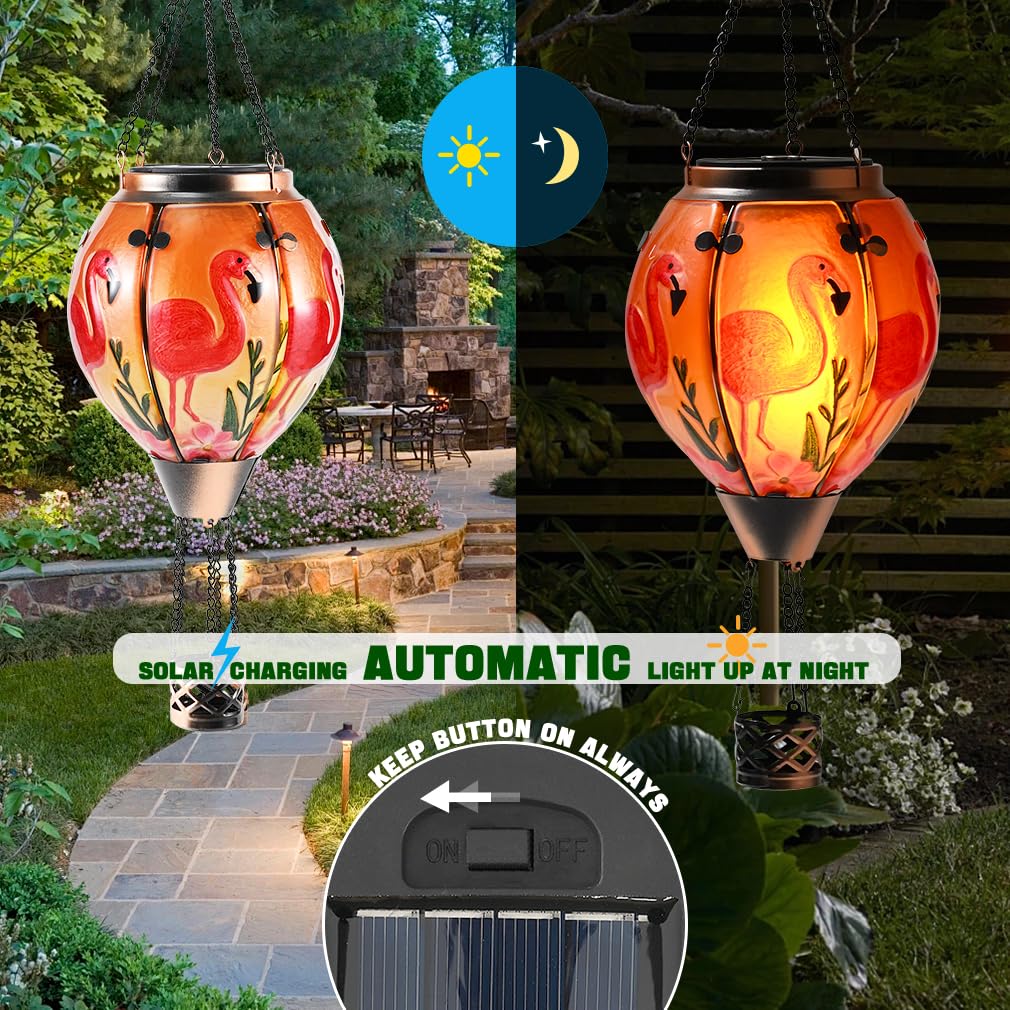 Hot Air Balloon Solar Lantern - Flamingo Stained Glass Lantern  Simulated Flickering & Dancing Flame  Outdoor Hanging Yard Light Waterproof Ip65 For Patio Lawn Porch Decor Gift