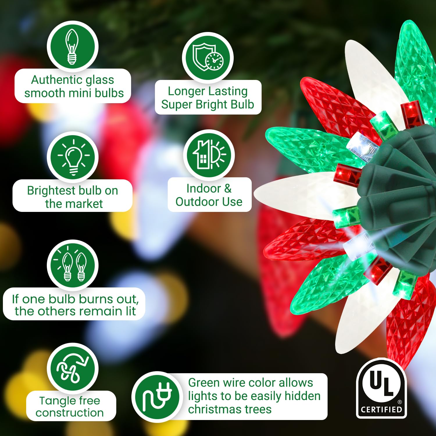 Tupkee Christmas LED Twinkling Lights, 50 Bulbs, 24.5 Feet, Indoor/Outdoor, Red/Green/White, Professional Grade