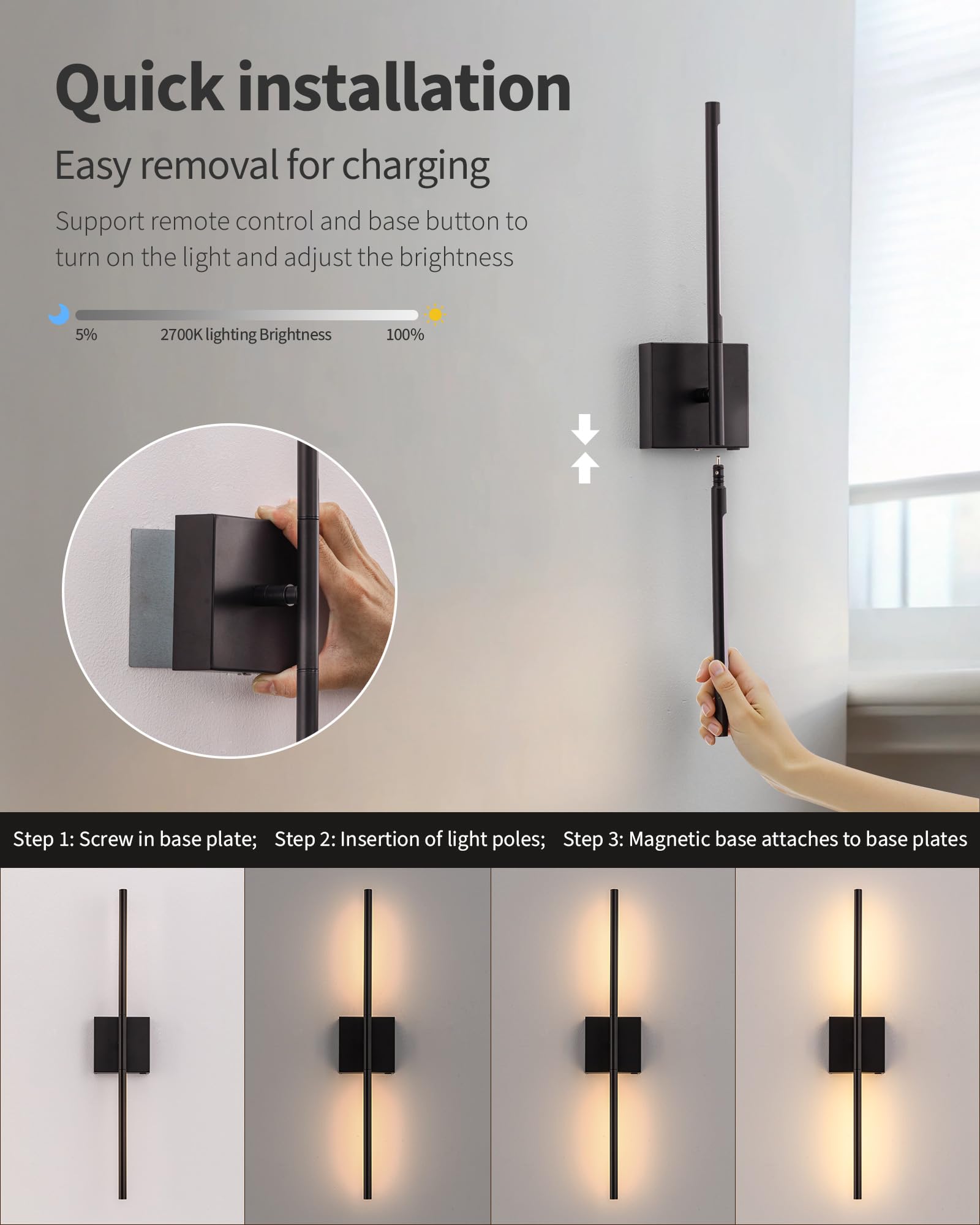 KDG Cordless Wall Sconces with Remote Control, 7000mAh Battery, 360° Rotation, 23.6 inch, Black
