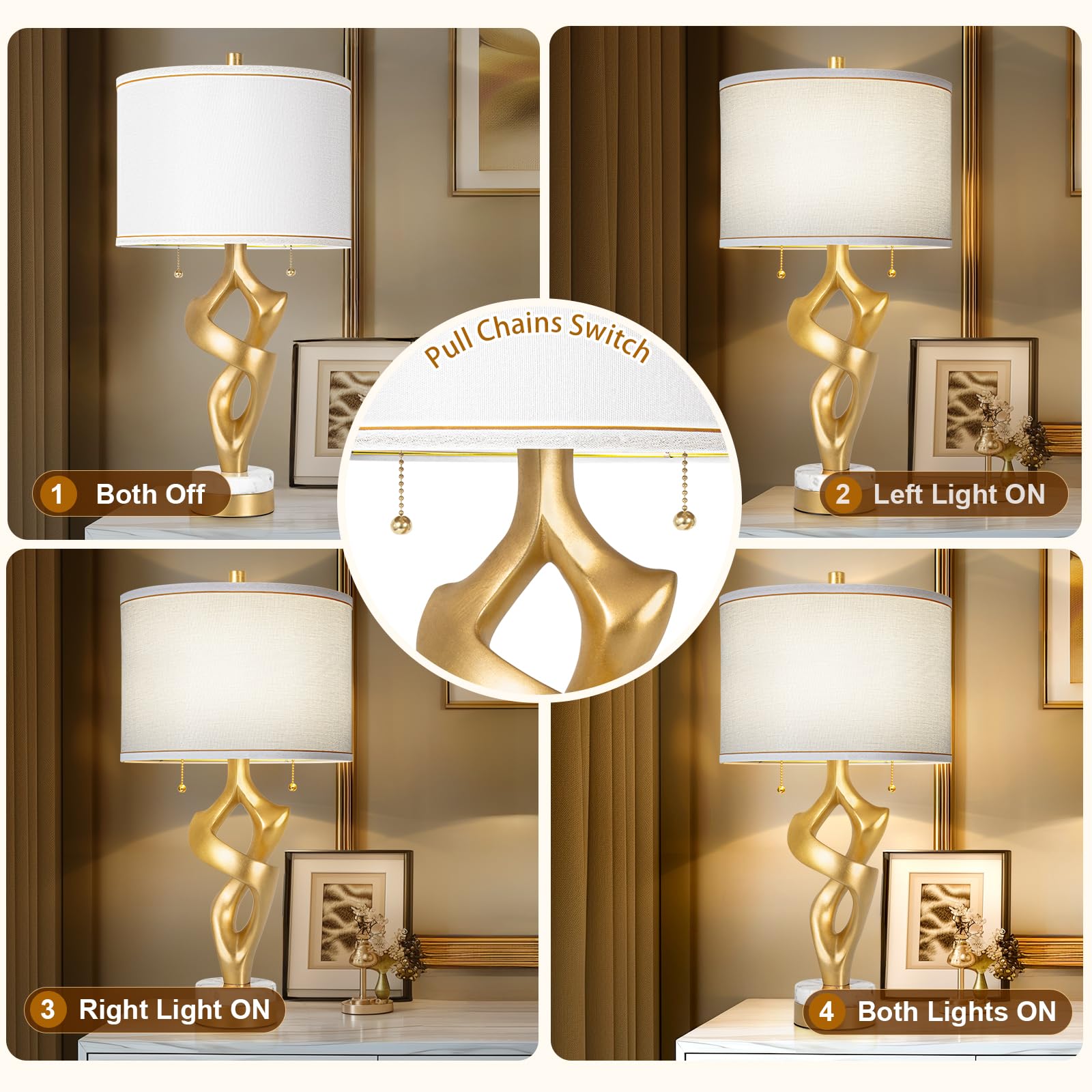 Scenekoy Sculptural Table Lamp Set of 2, Marble Base, USB Ports, Gold Leaf Finish, Modern Design for Living Room, Brown-3, Model 029