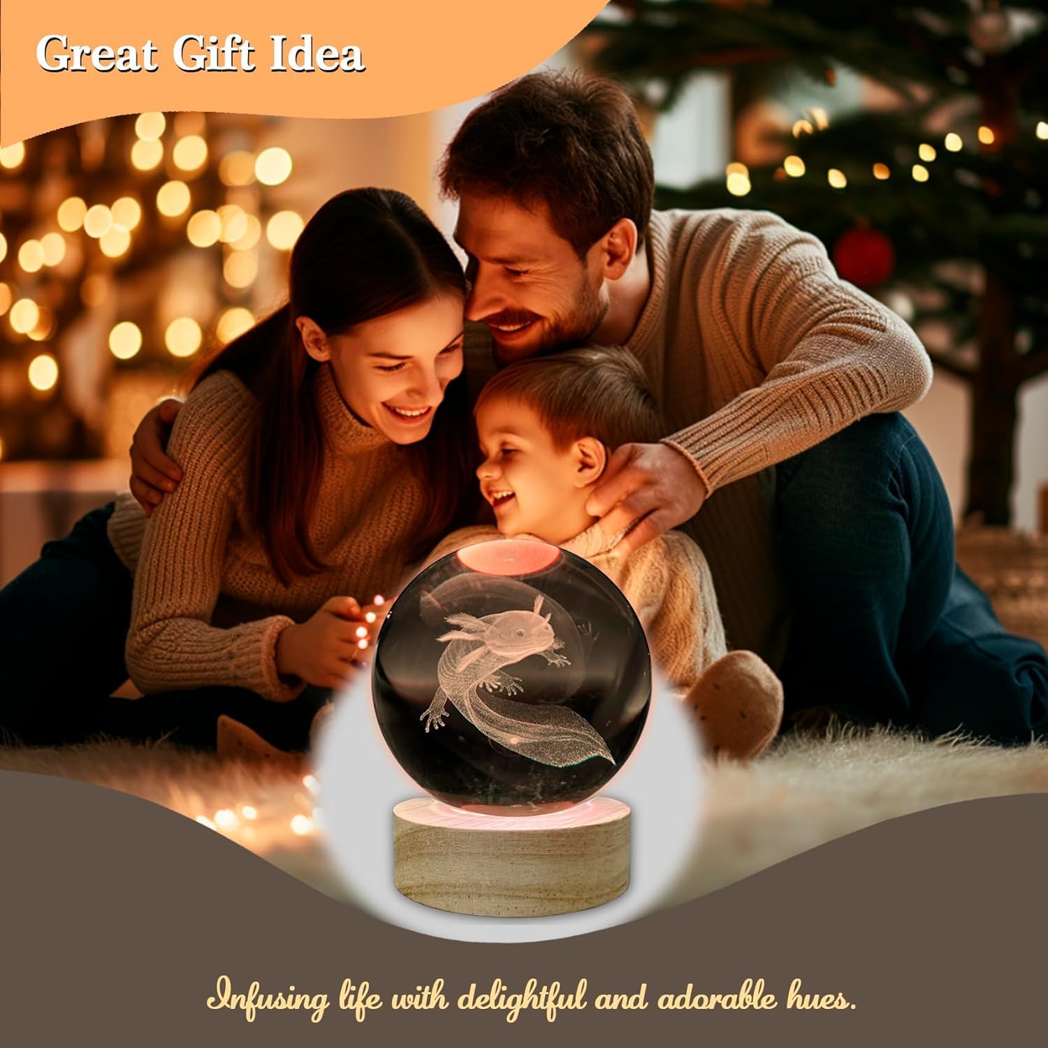 Culdetha Axolotl Lamp,3D K9 Axolotl Crystal Ball Lamp,3.15 Inch Glass Ball Axolotl Light,Gamepad Axolotl Lamp With Wooden Base,B