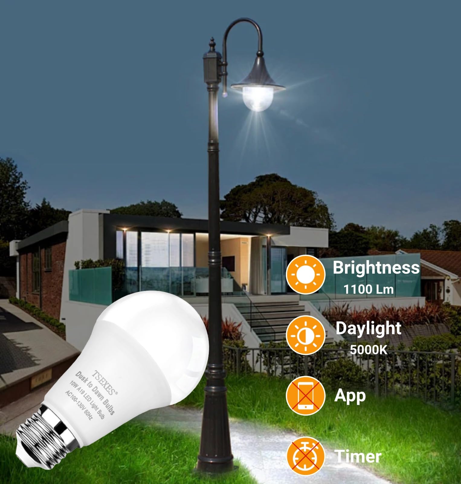 Tsexes Dusk To Dawn Sensor Led Outdoor Light Bulb, A19 Led Light Bulb 75W Equivalent,5000K Daylight,Auto On/Off Light For Indoor