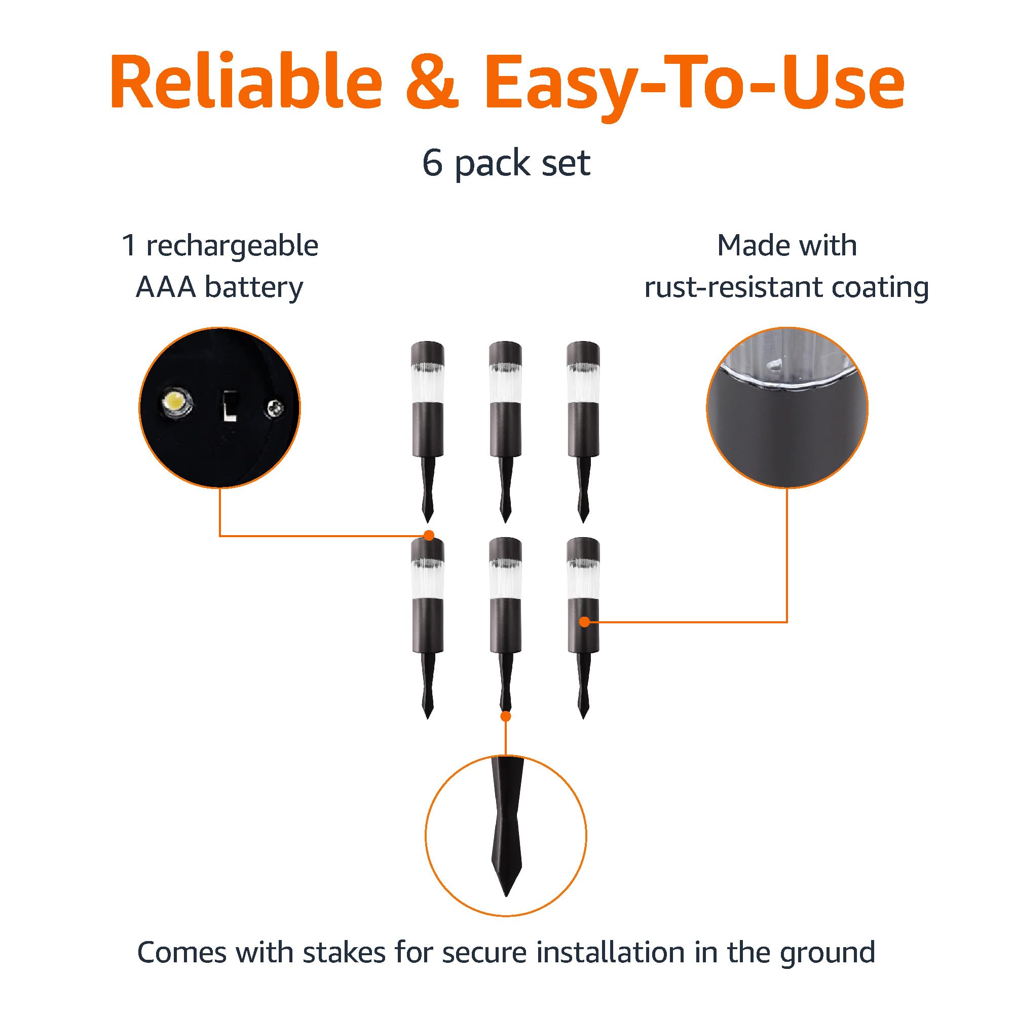 Amazon Basics Solar Outdoor Lights, Led Lights For Garden, Pathway, Patio, Black, 6-Pack