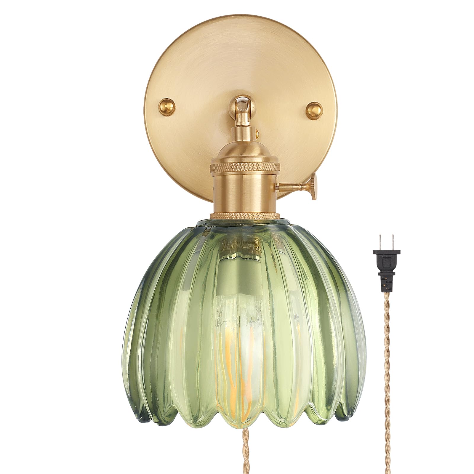 Shenmoyl Wall Sconce, Tulip Green Glass Lampshade, Plugin Model 1-9336, Ideal for Bedroom and Doorway Lighting