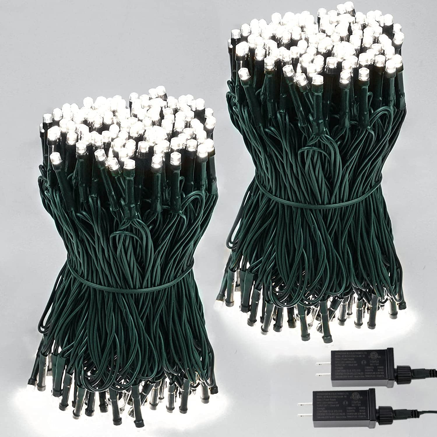SANJICHA 2-Pack 66FT 200 LED White Christmas String Lights, 8 Modes, Indoor Outdoor, Green Wire, Cool White