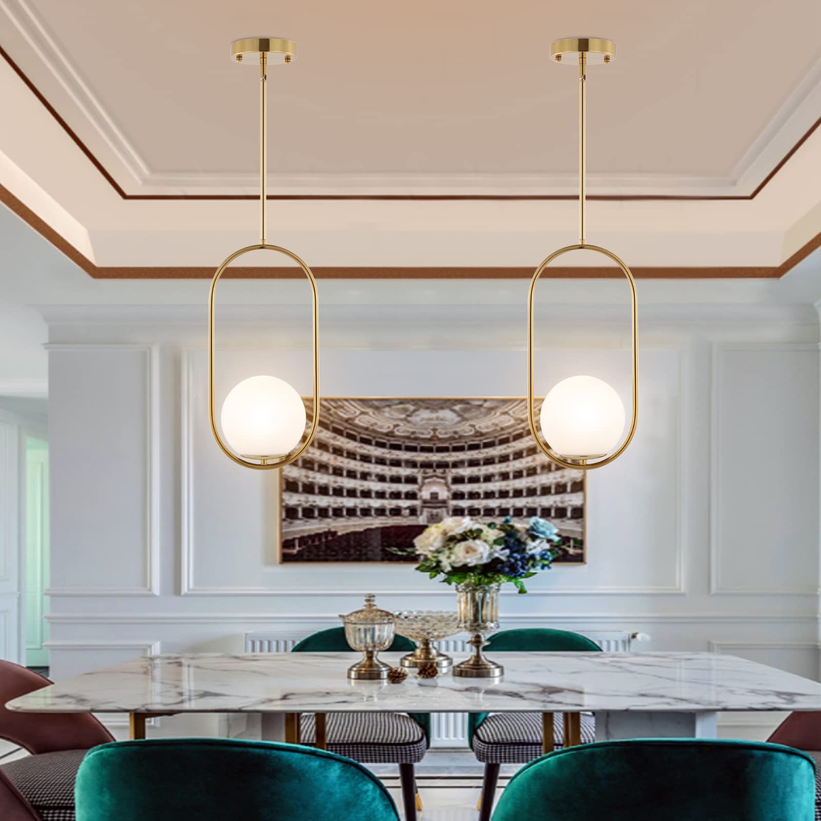 BYOLIIMA Modern Gold Globe Pendant Light, 1-Light Brushed Brass Chandelier with White Glass Shade for Kitchen Island & Dining Room