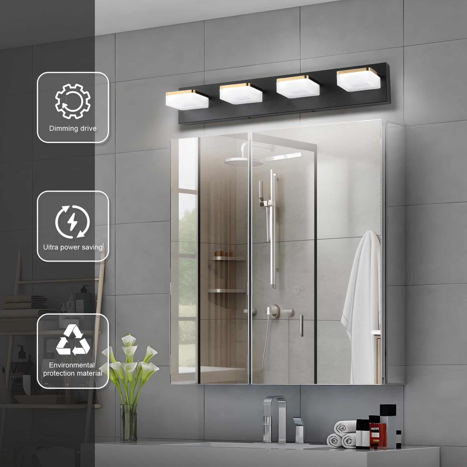 Bicrink 4-Light Dimmable Led Bathroom Vanity Fixture In Black/Gold With White Acrylic Shades  Rotatable Head  Sconce-Style Over-Mirror Lighting 5500K