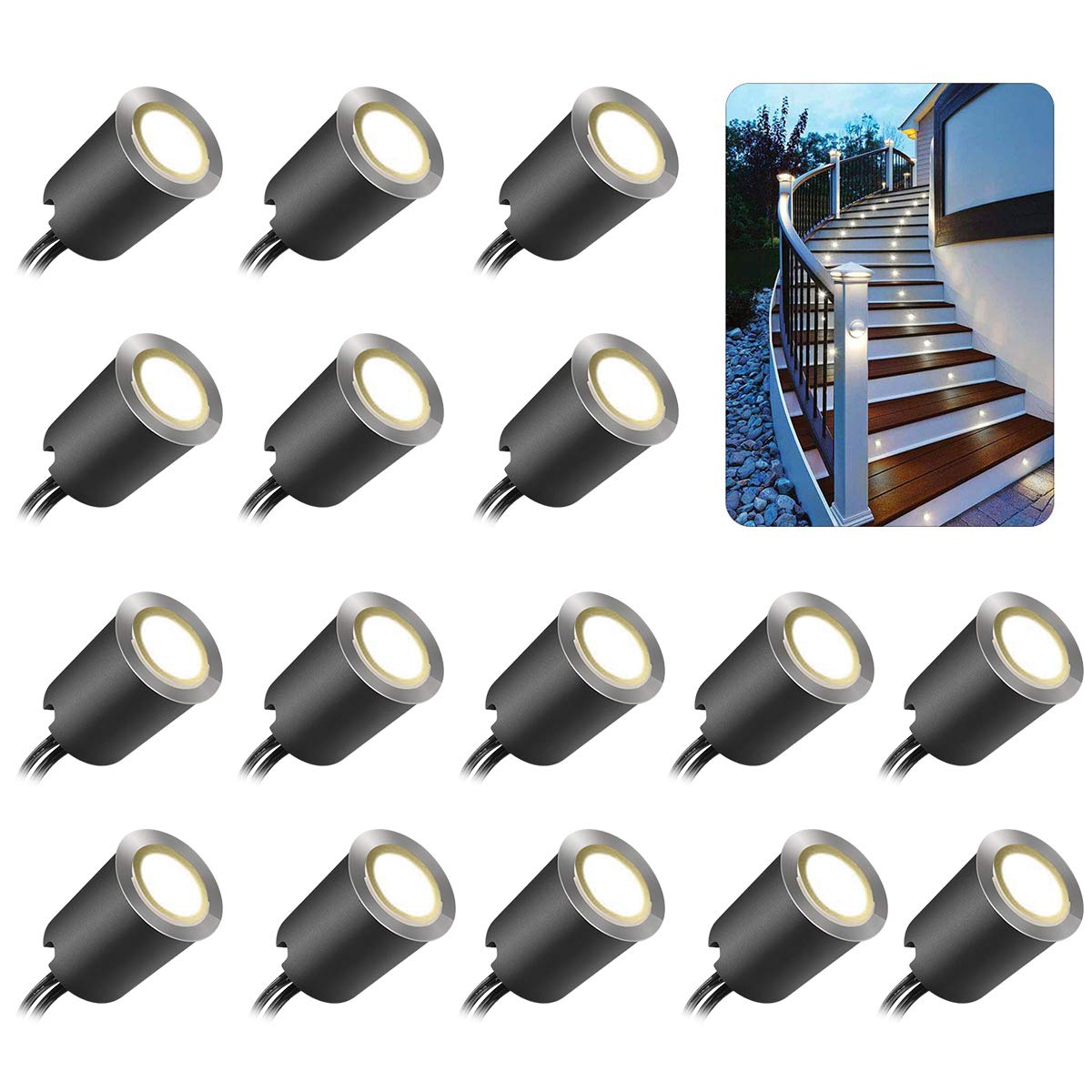 SMY Lighting Recessed LED Deck Light Kit, 16 Pack, IP67 Waterproof, 12V Low Voltage, Natural White 4500k, Model BL-DKN-16