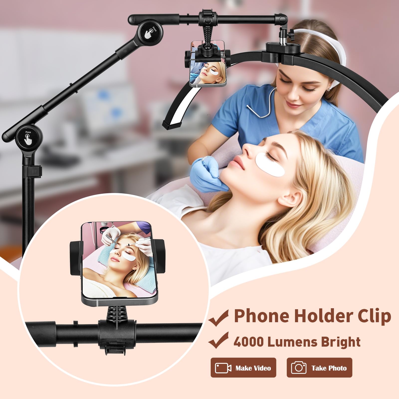 Hitti Half Moon Light For Eyelash Extensions Tattoo Artists, 2025 New Upgrad Led Lash Tech Light With 4 Wheel Rolling Base, Larg