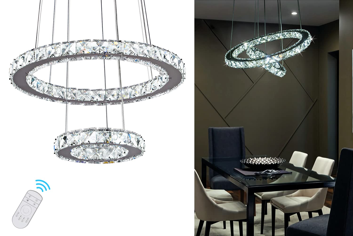 KKMYWAN Modern Crystal Chandeliers Dimmable Round Pendant Lighting with Remote 2 Rings LED Ceiling Hanging Light Fixture for Foy