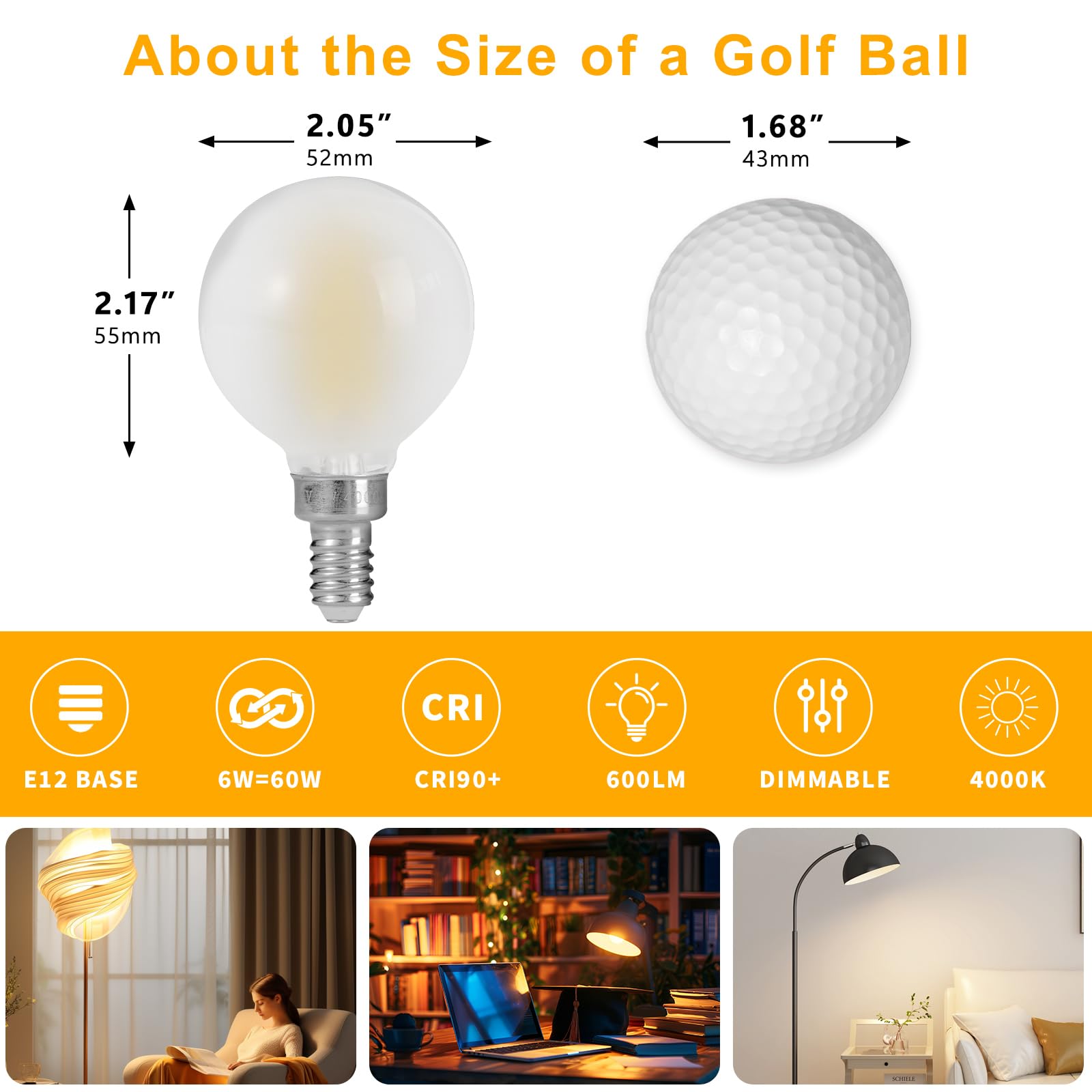 Decoaui E12 G16 LED Globe Light Bulbs, 6W (60W Equivalent), 600 Lumens, 4000K Daylight White, Dimmable, Frosted Glass