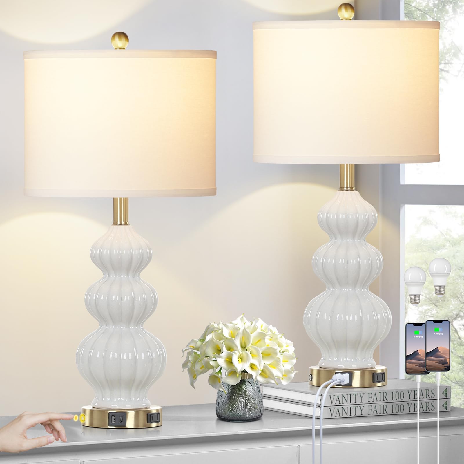Rinweey Triple Gourd Ceramic Table Lamps Set of 2, Modern White Bedside Lamps with USB A+C Ports & AC Outlet, 3 Way Touch Control Contemporary Nightstand Lamps for Bedroom Living Room