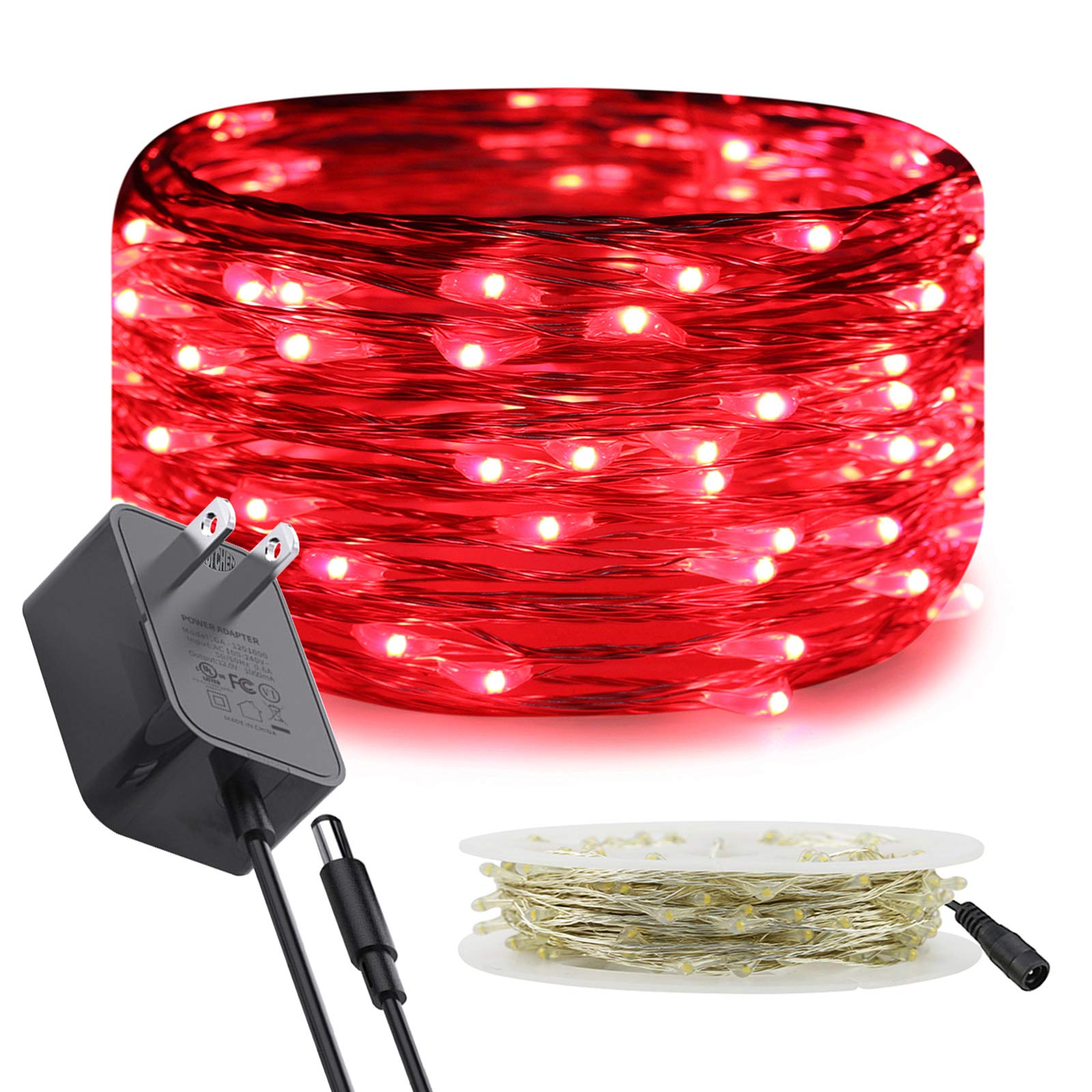 Ruichen 33Ft 100 Led Silver Wire Fairy Lights Plug In - Red Copper Wire String Lights