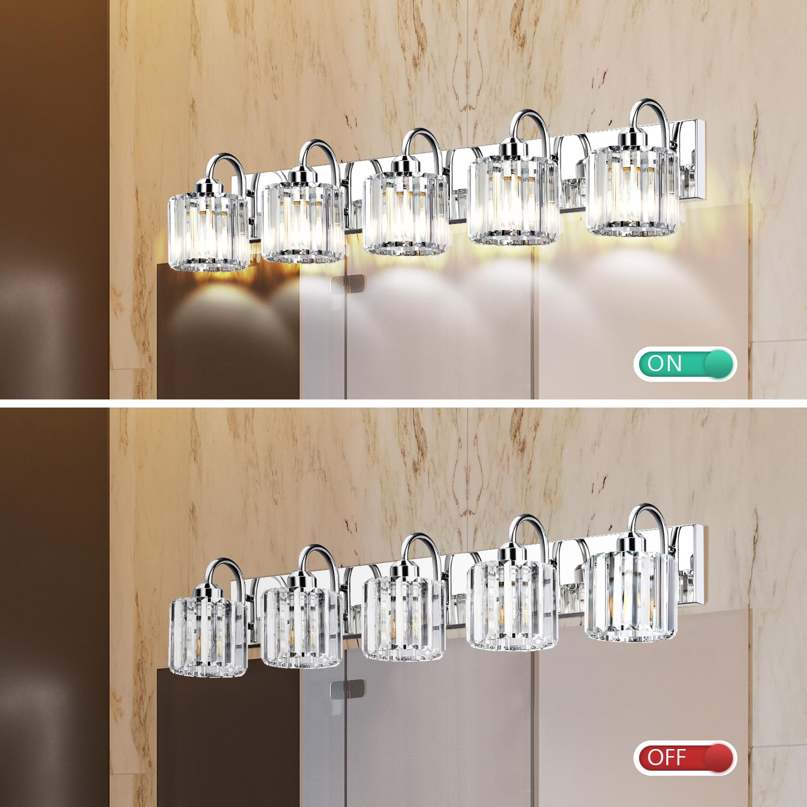 Valytime Bathroom Vanity Light - Chrome Crystal Fixture, 5 Lights Over Mirror, Stainless Steel