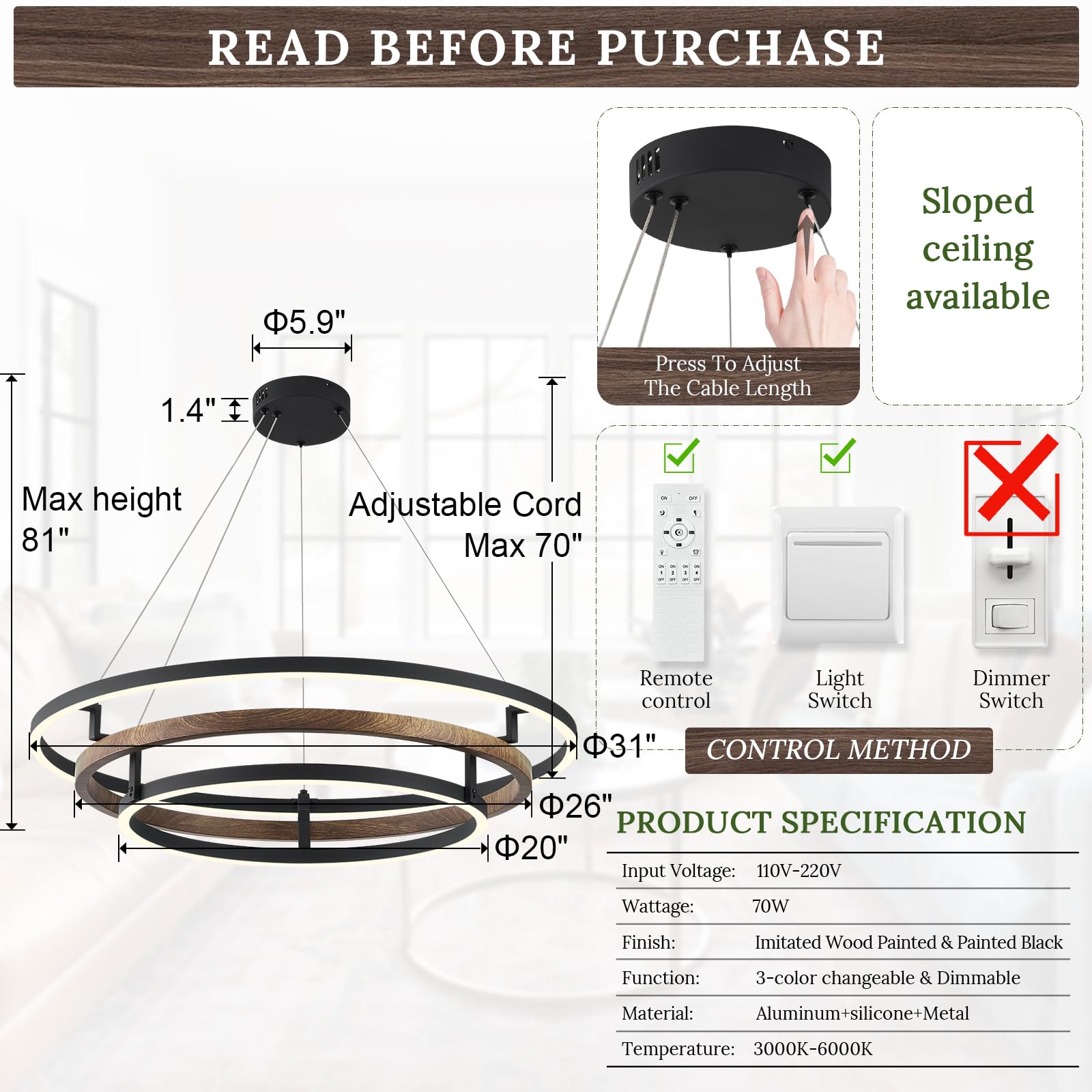 CaraLuxe 3 Ring LED Chandelier - 31in Dimmable Metal Light Fixture, Walnut Wood Black Finish for Foyer, Dining Room, Bedroom, Office