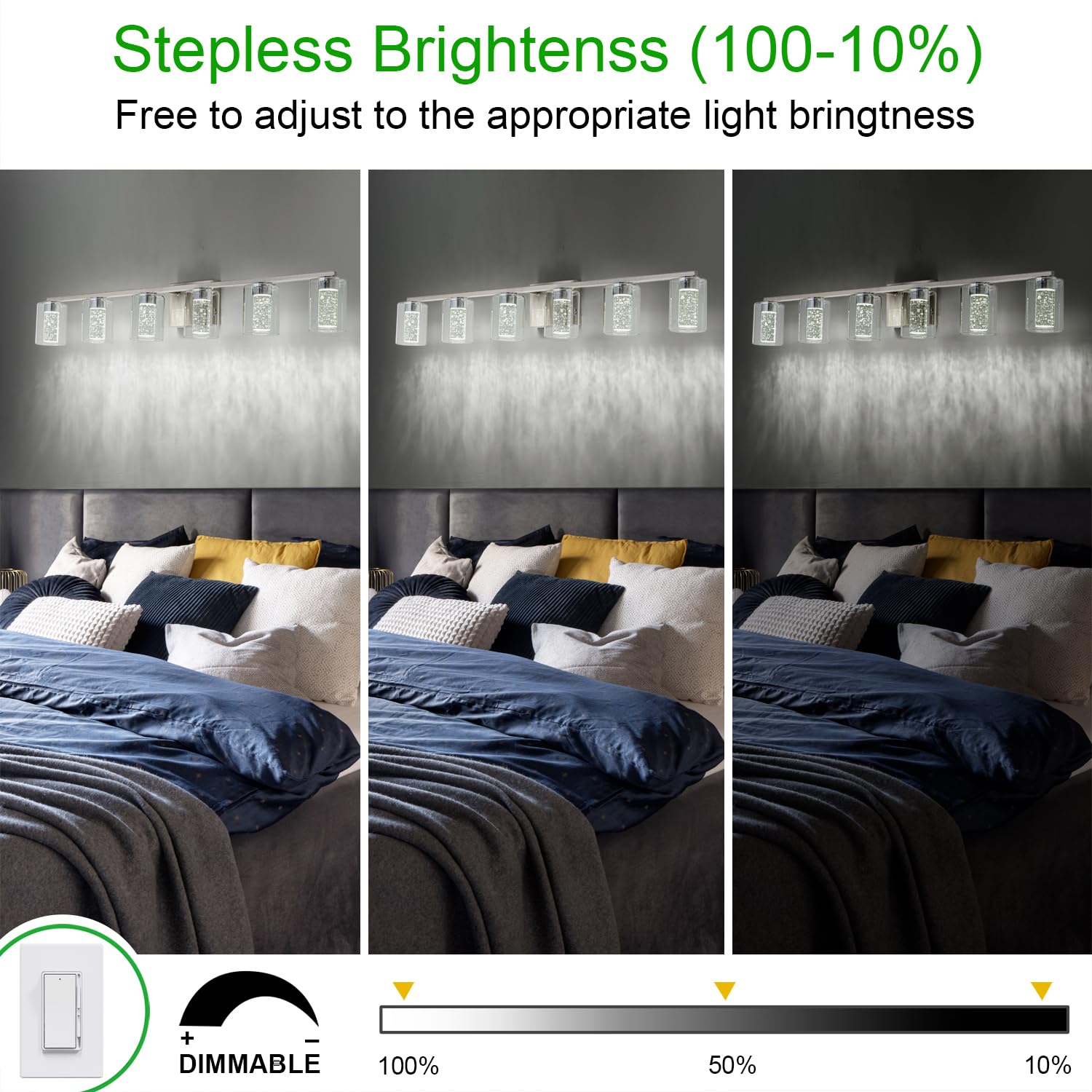 SineRise 6-Light Brushed Nickel Vanity Light, Dimmable LED Fixture with 3 Color Modes, Modern Design, Eye Protection, Model da61a593