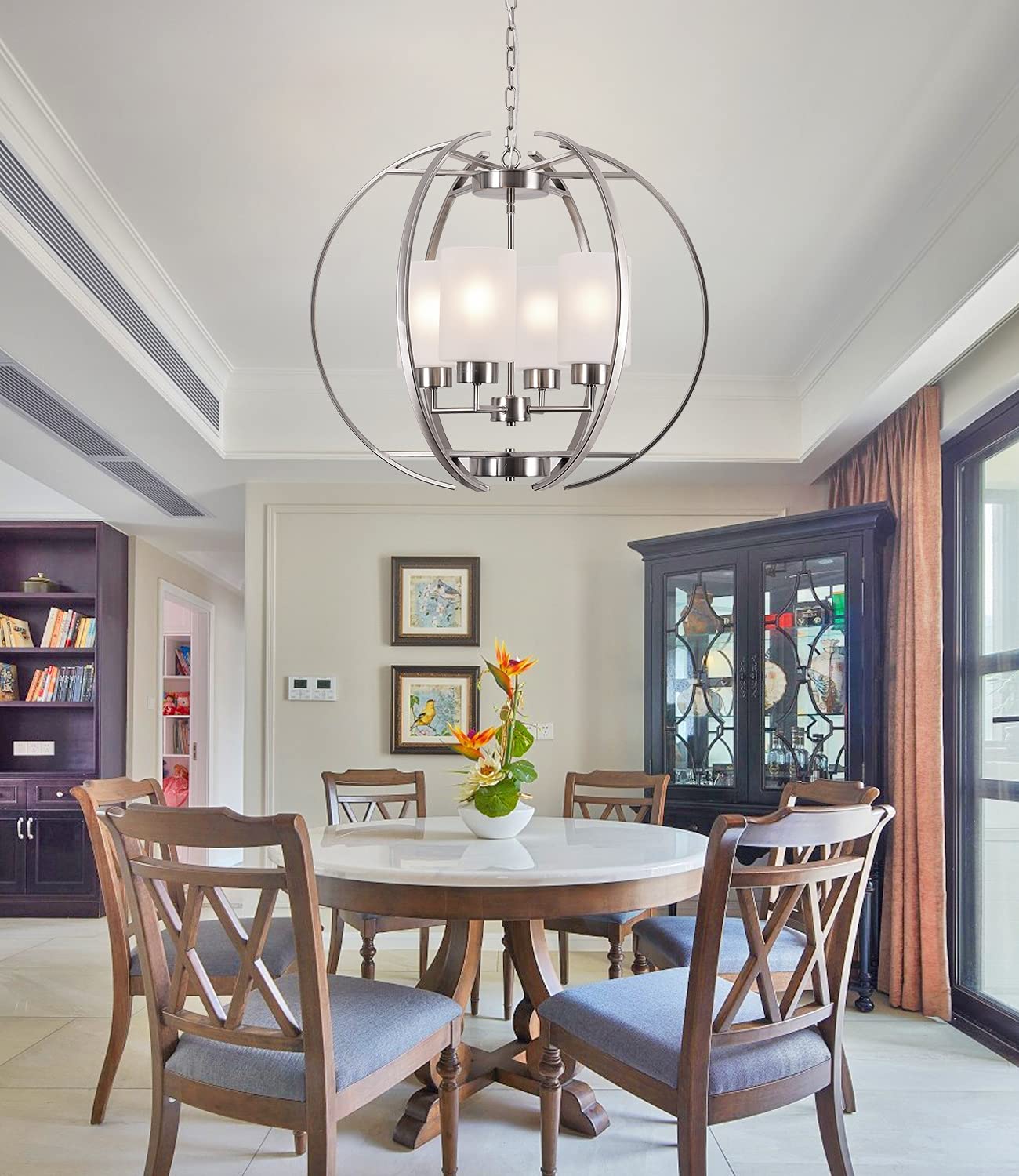 BOZO 24" Globe Chandelier - Brushed Nickel Modern Pendant Lighting with Frosted Glass Shades, Large Size, Model 8868/4