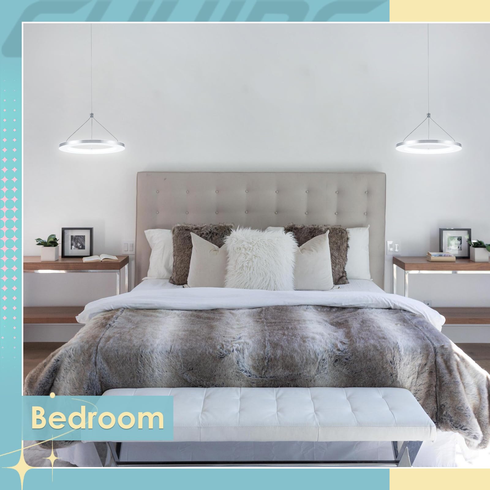 Chying Modern Led Pendant Light Kitchen Island Silver Ring Pendant Lighting 6500K Cool White Adjustable Height Ceiling Hanging Light Fixture For Bedroom Dining Room Living Room