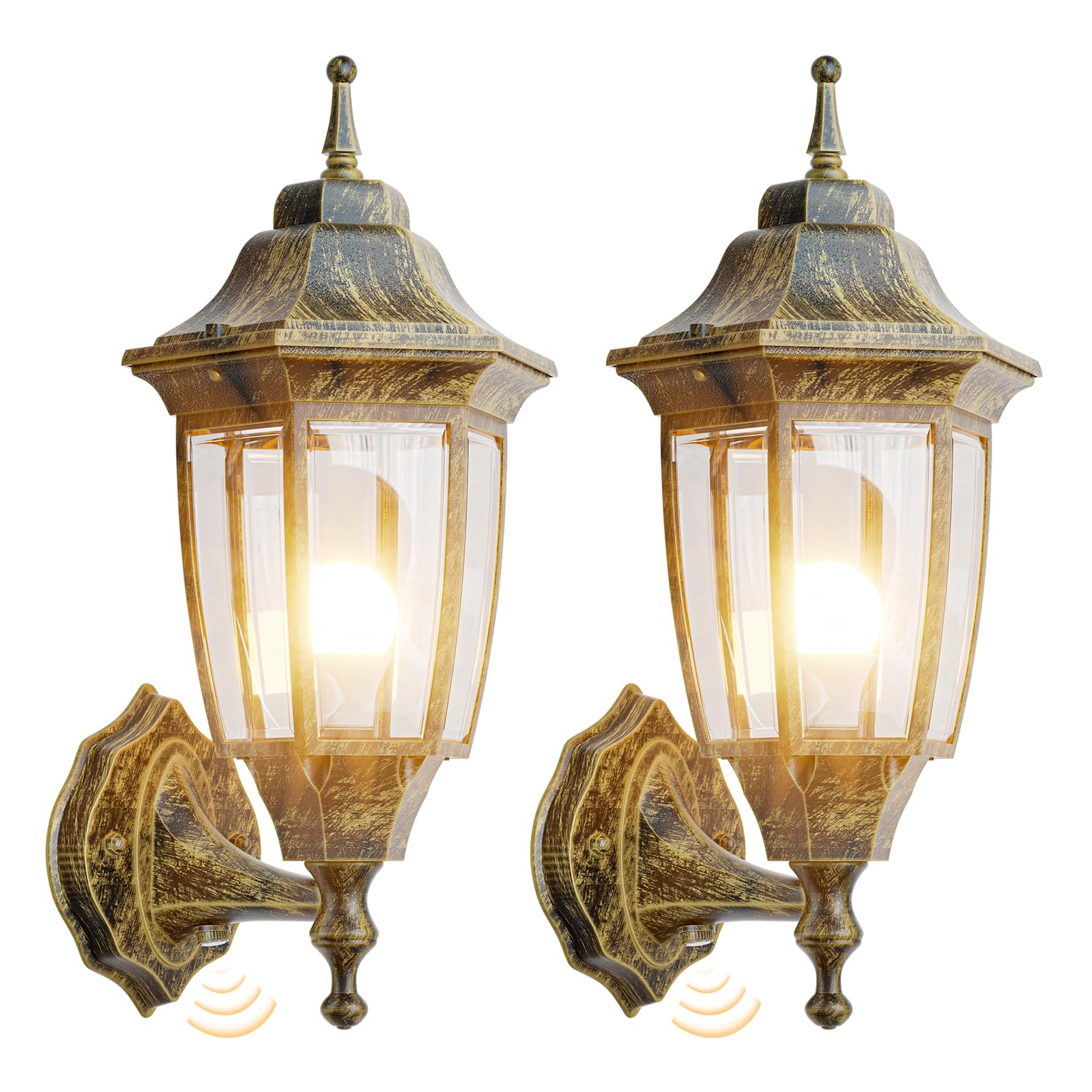 EMART Outdoor Porch Light, Waterproof Aluminum & Glass, Dusk to Dawn, Gold, Model EM-AGGL-2-PS, 2 Pack, Bulb Included