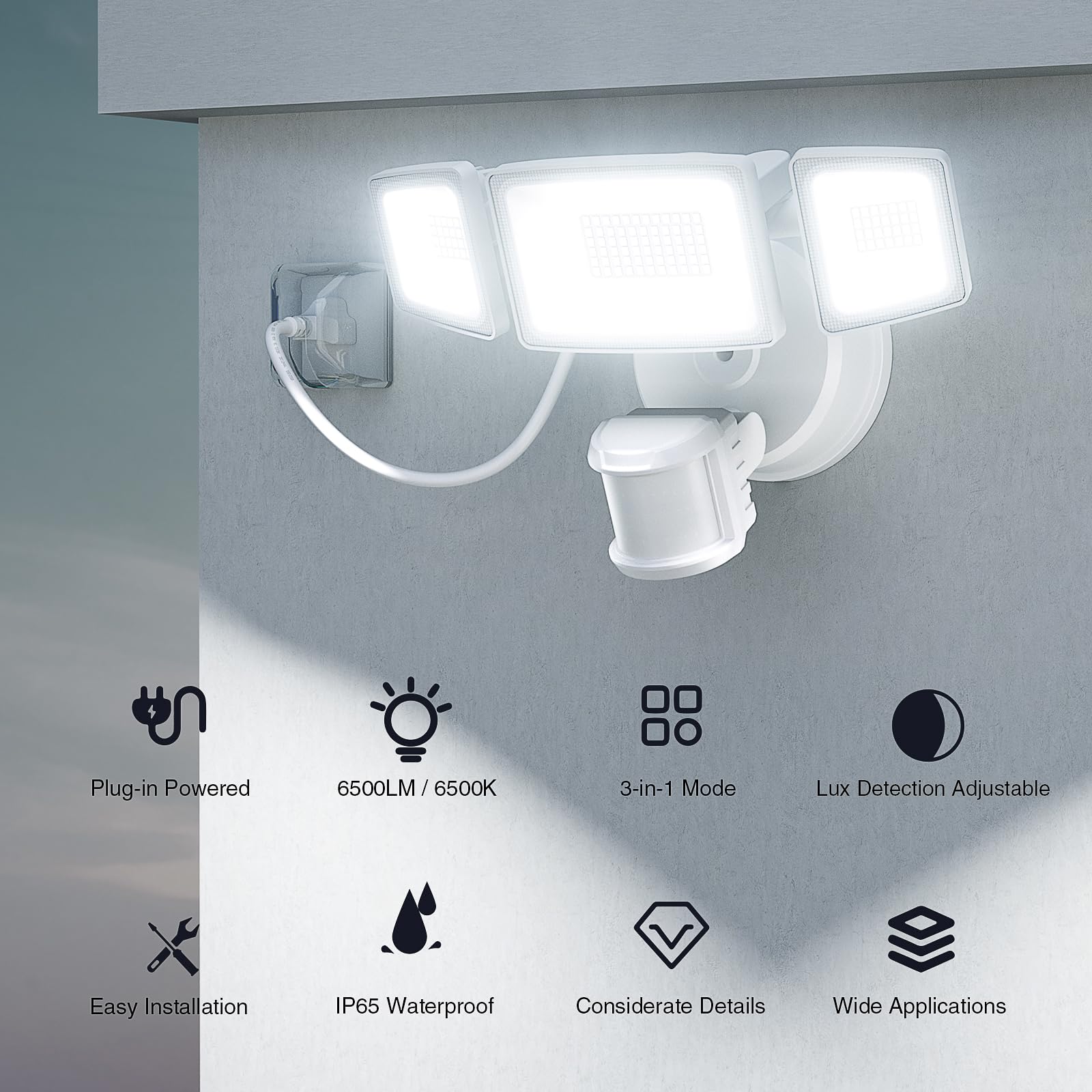 Onforu 65W LED Motion Sensor Outdoor Light, 6500LM, Dusk to Dawn, IP65 Waterproof, White, Model BDB65G-3