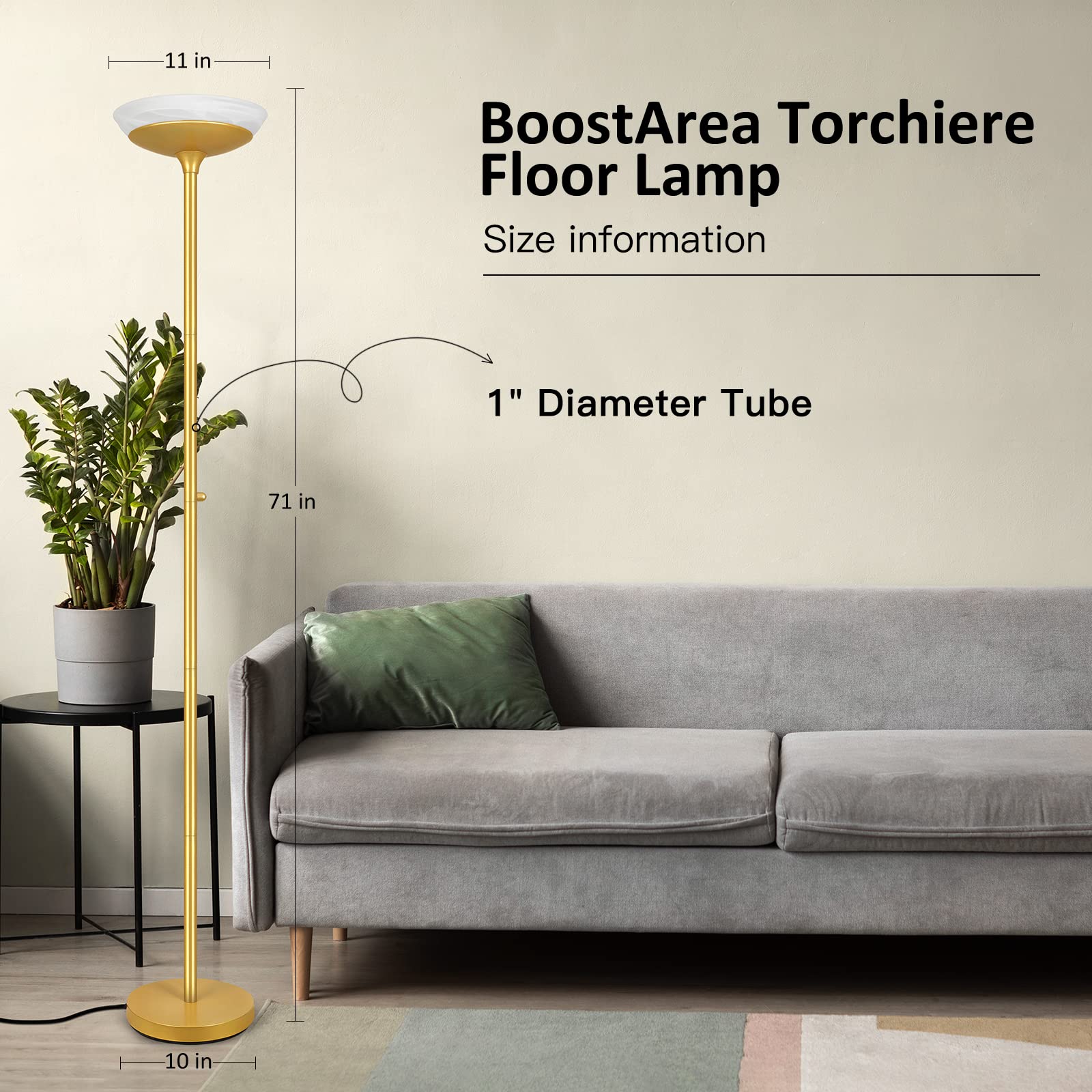 Boostarea Torchiere Floor Lamp, 24W Super Bright Led Standing Lamp, 3000K Stepless Dimmable Pole Lamp With Rotary Switch, 70 Inc