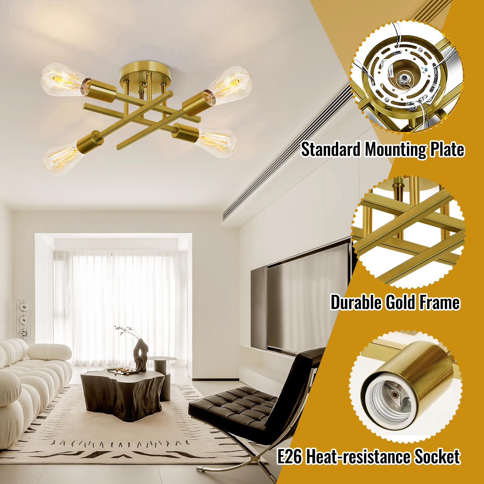 Ceiling Light  Dining Room Light Fixture With E26 Base  Semi Flush Mount Ceiling Light Fixture  Kitchen Lighting Fixtures Ceiling  4-Light Matte Gold Chandelier For Bedroom