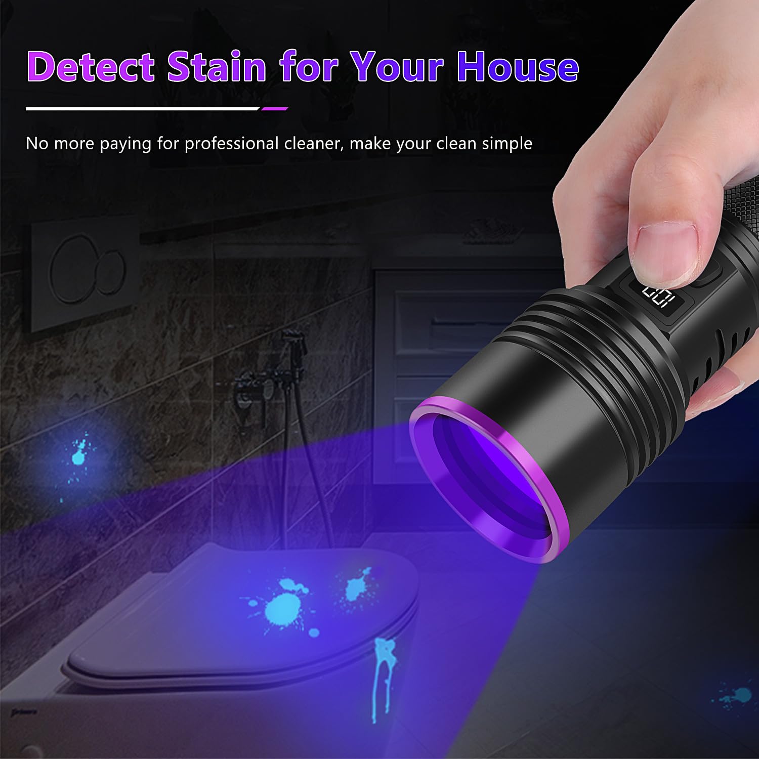 WINDFIRE 365nm UV Flashlight - Rechargeable Blacklight for Pet Urine Detection, Scorpions, Blood Tracking - Black, Model A21, Aluminum