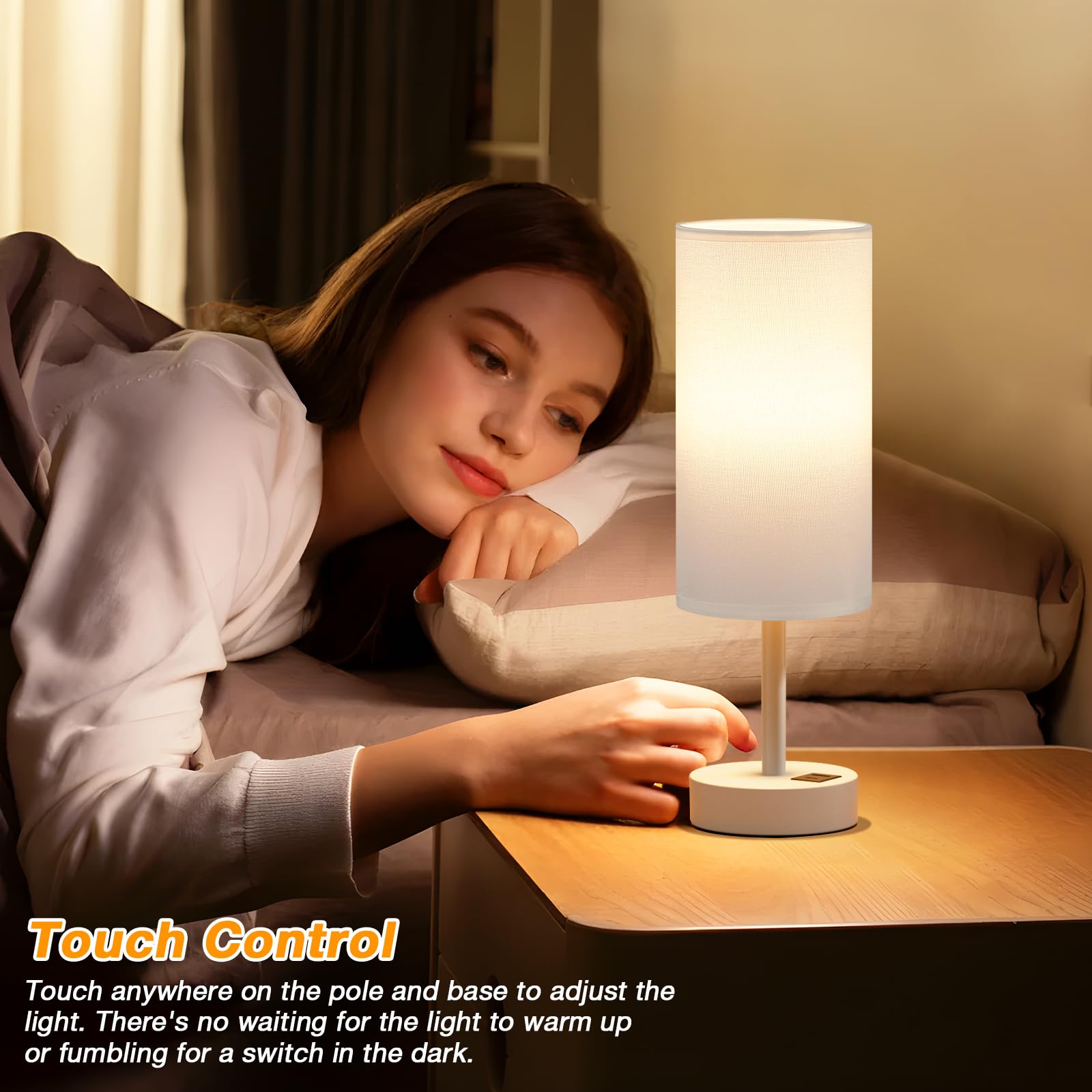 White Touch Bedside Lamp For Bedroom - 3 Way Dimmable Table Lamp With Usb, Nightstand Lamp With White Charging Station For Desk