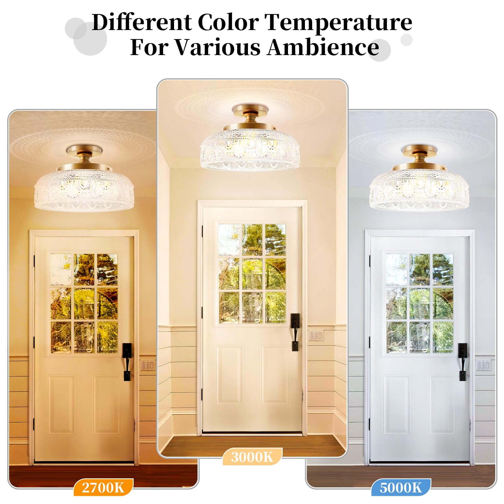 Lamomo Semi Flush Mount Ceiling Light, Upgraded Larger Golden Hallway Light Fixture, 3-Bulb Globe Glass Close To Ceiling Scone,I