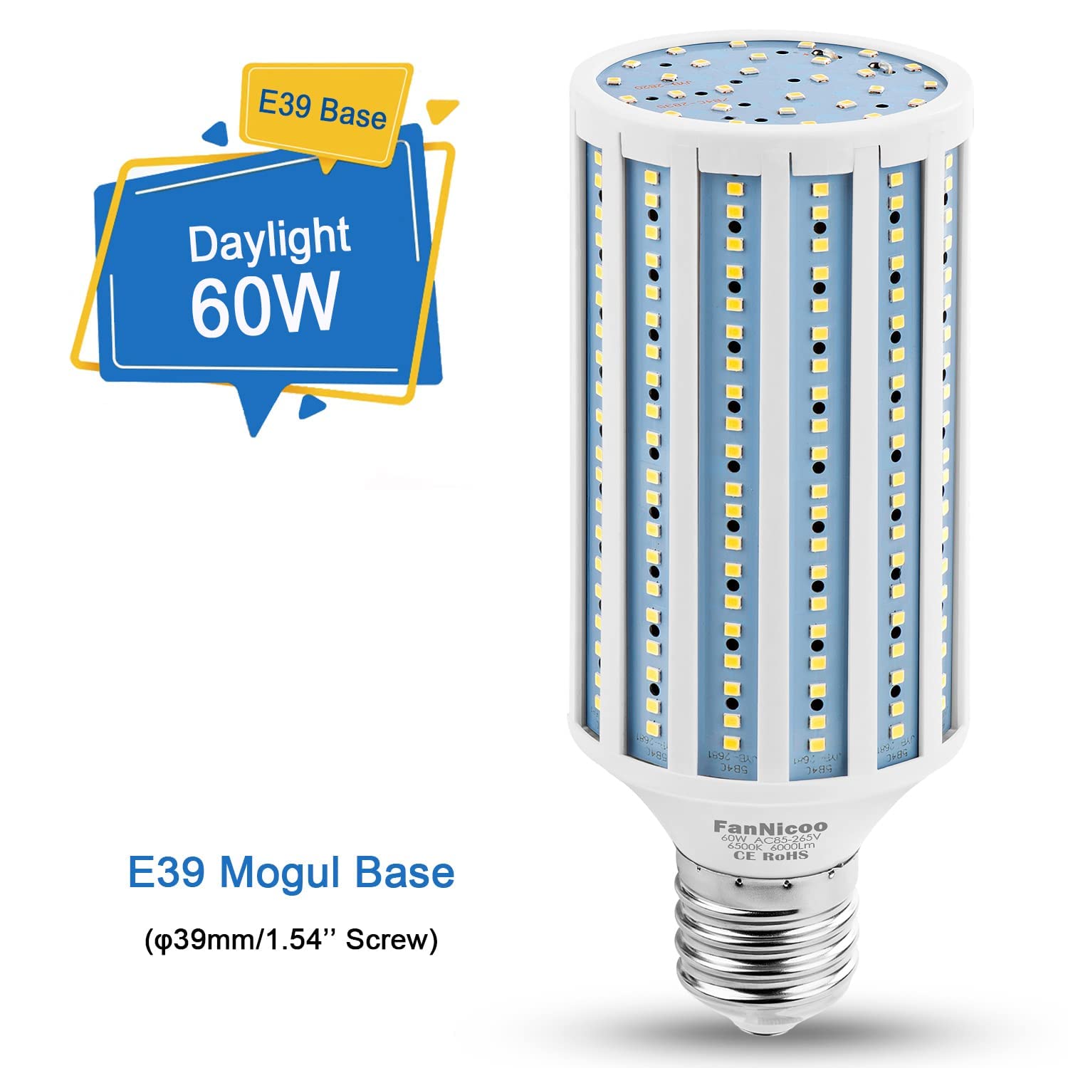 Led Corn Light Bulb 500W Equivalent 60W 6000Lumen 6500K E39 Mogul Base Led Corn Bulb Large Area Cool Daylight White Corn Lamp Fo
