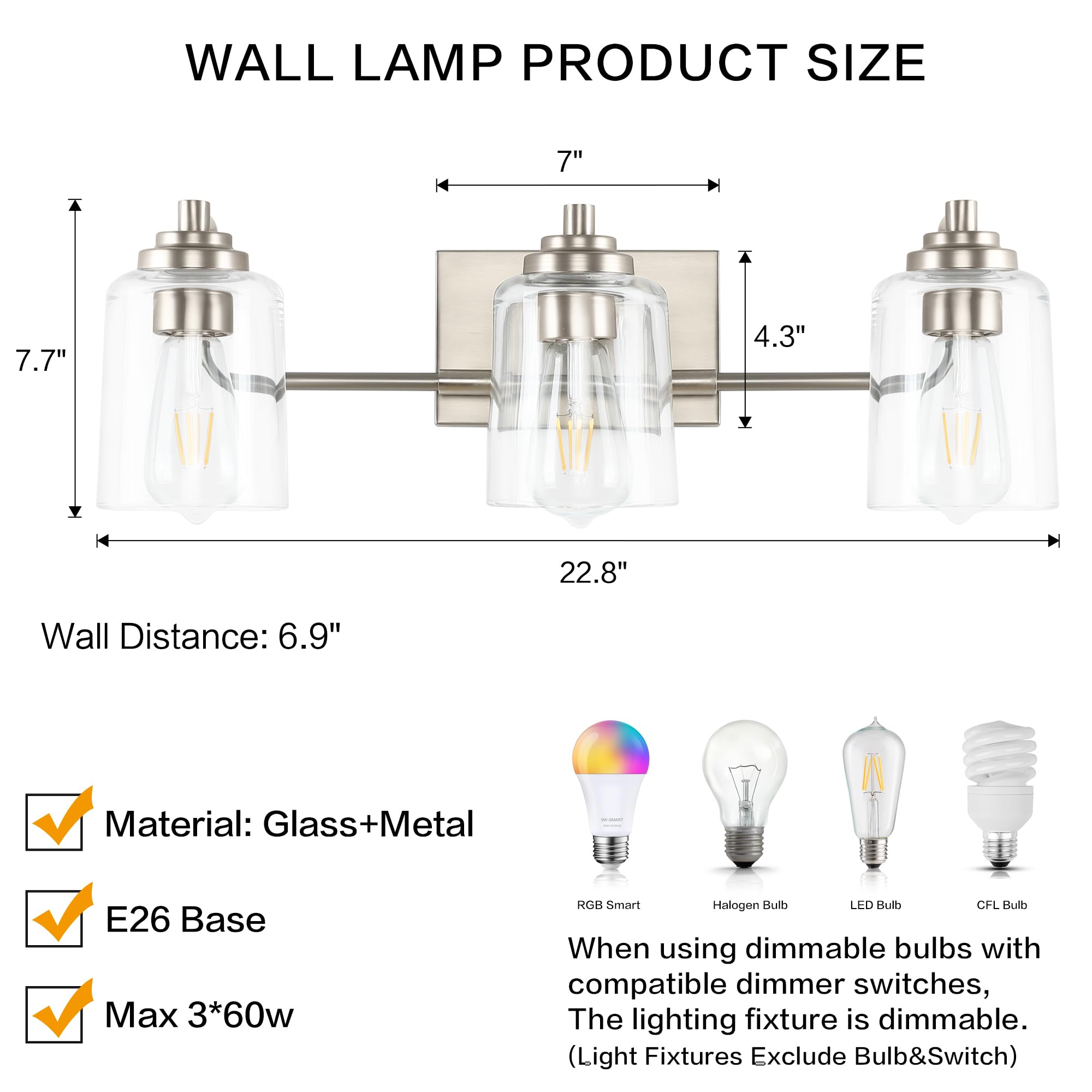 Solfart Brushed Nickel Bathroom Lights Over Mirror 3 Lights Vanity Lights For Bathroom Bathroom Light Fixtures Vanity Lighting M