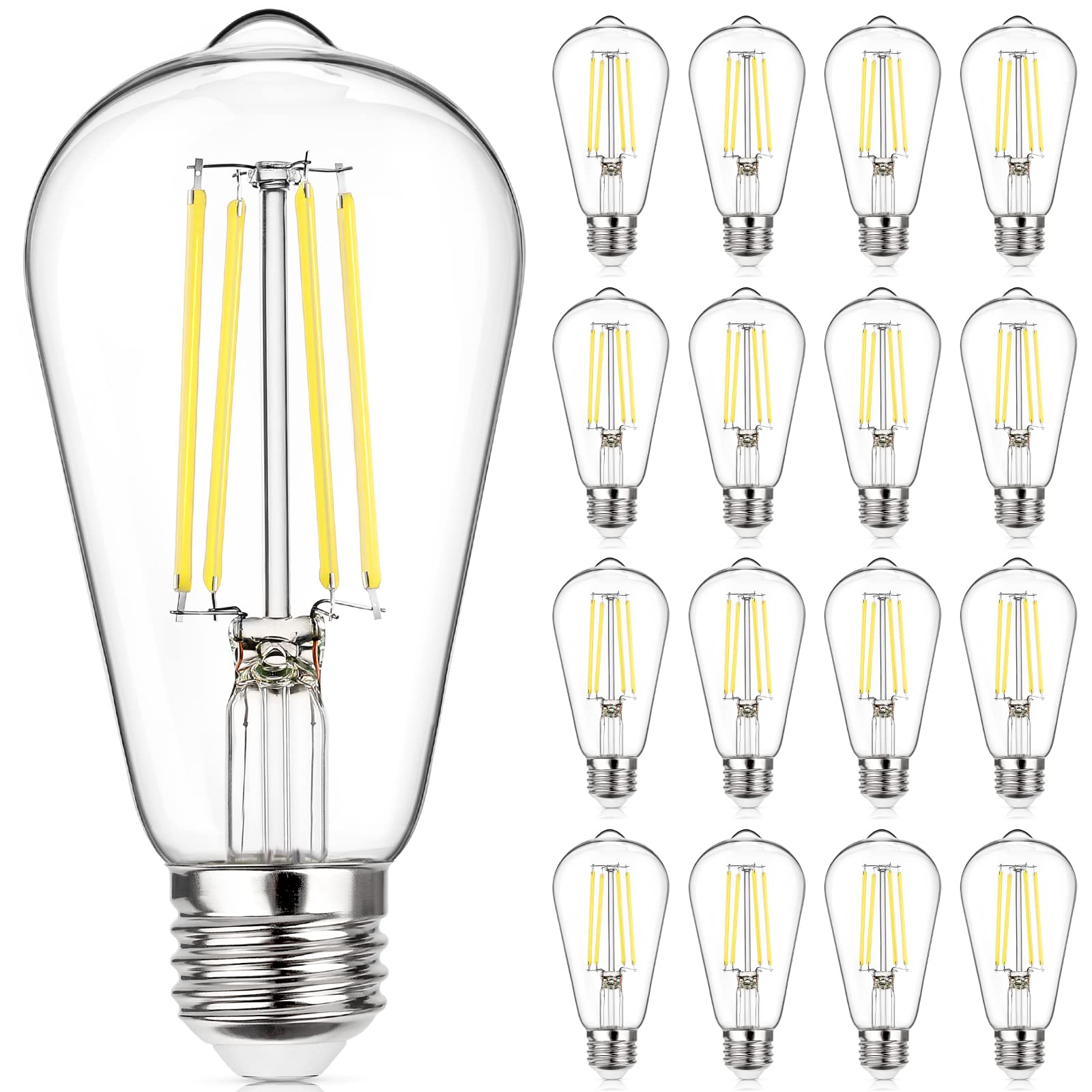 MAXvolador 16-Pack Vintage LED Edison Bulb Dimmable 60W Equivalent 850 Lumens, 6W Edison Light Bulbs 5000K, Antique ST58 LED Filament Bulb E26 Base