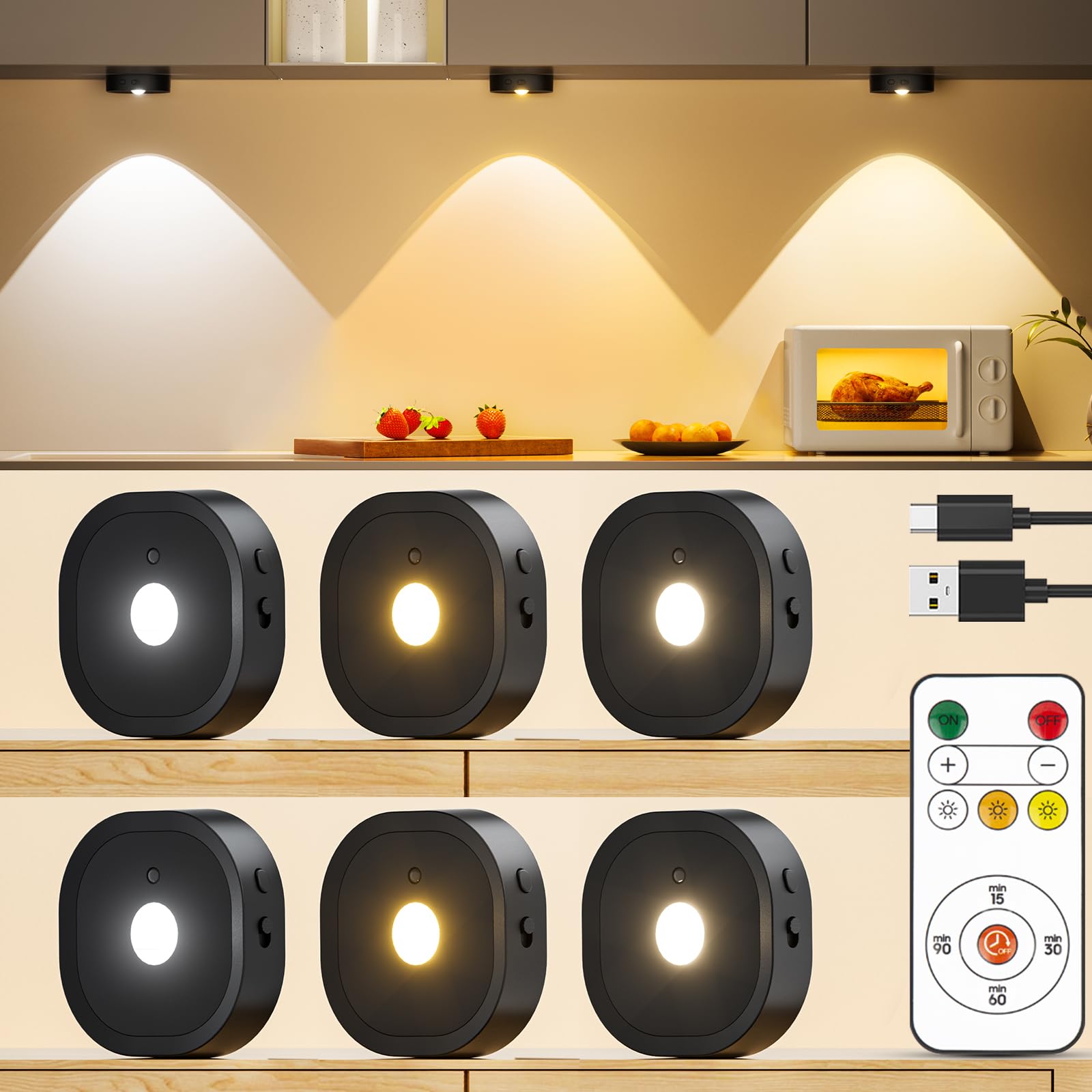 Rechargeable Puck Lights With Remote, 3 Colors Under Cabinet Lighting Wireless, 1500Mah Led Push Lights With Timer & Dimmer, Sti