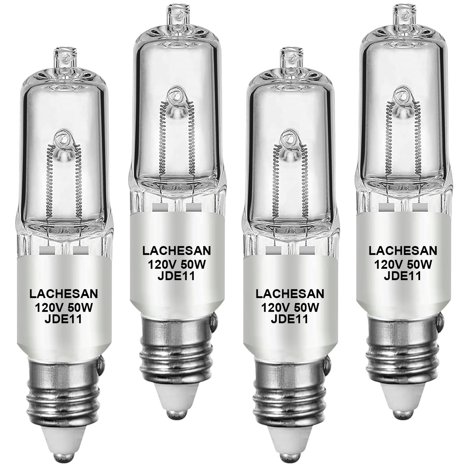 Lachesan JDE11 120v 50w, E11 Halogen Bulb(Replacement E11 Led Bulb) T4 Mini Candelabra Base, 2700K Warm White Dimmable for Chandeliers, Ceiling Fan, Table Lamps, Cabinet Lighting, 4 Pack