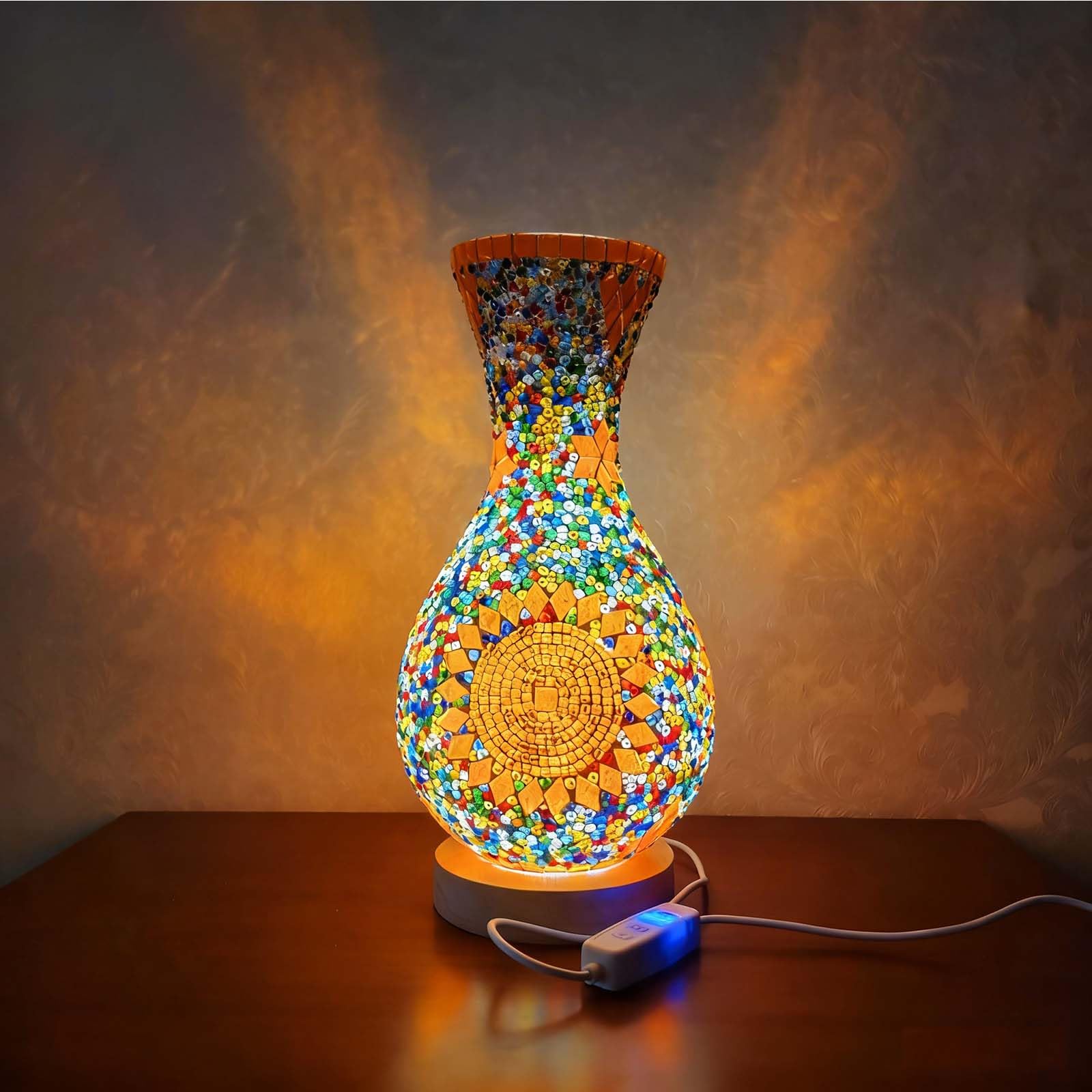 wpdash Turkish Moroccan Style Mosaic Vase Table Lamp Colorful Glass Table Light with Wood Base USB Charge for Girls Room Bedroo