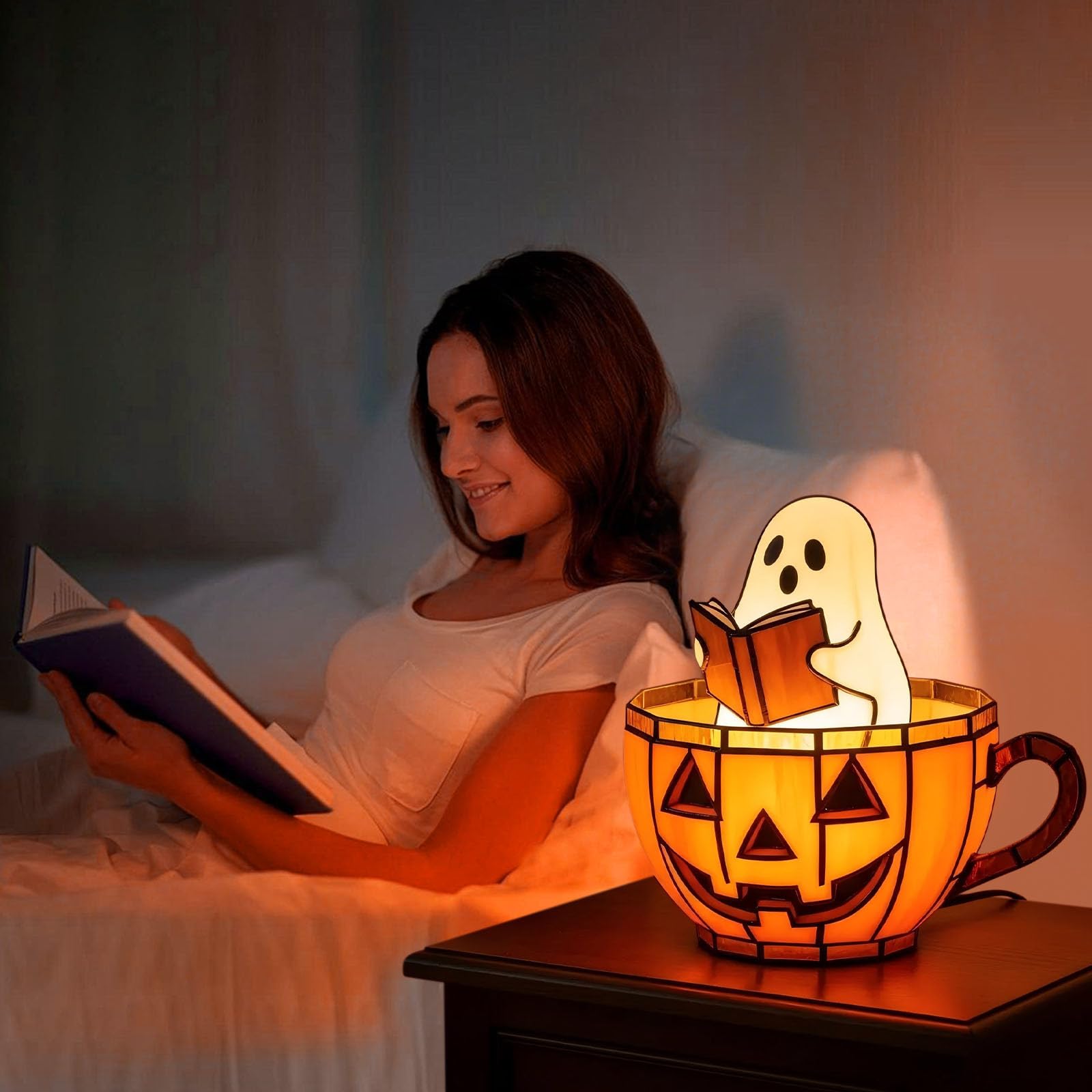 Halloween Ghost Reading Book Lamp, Ghost Bubble Bath Lamp, Handmade Halloween Ghosts Reading Night Light Up, Charming Ghost Read