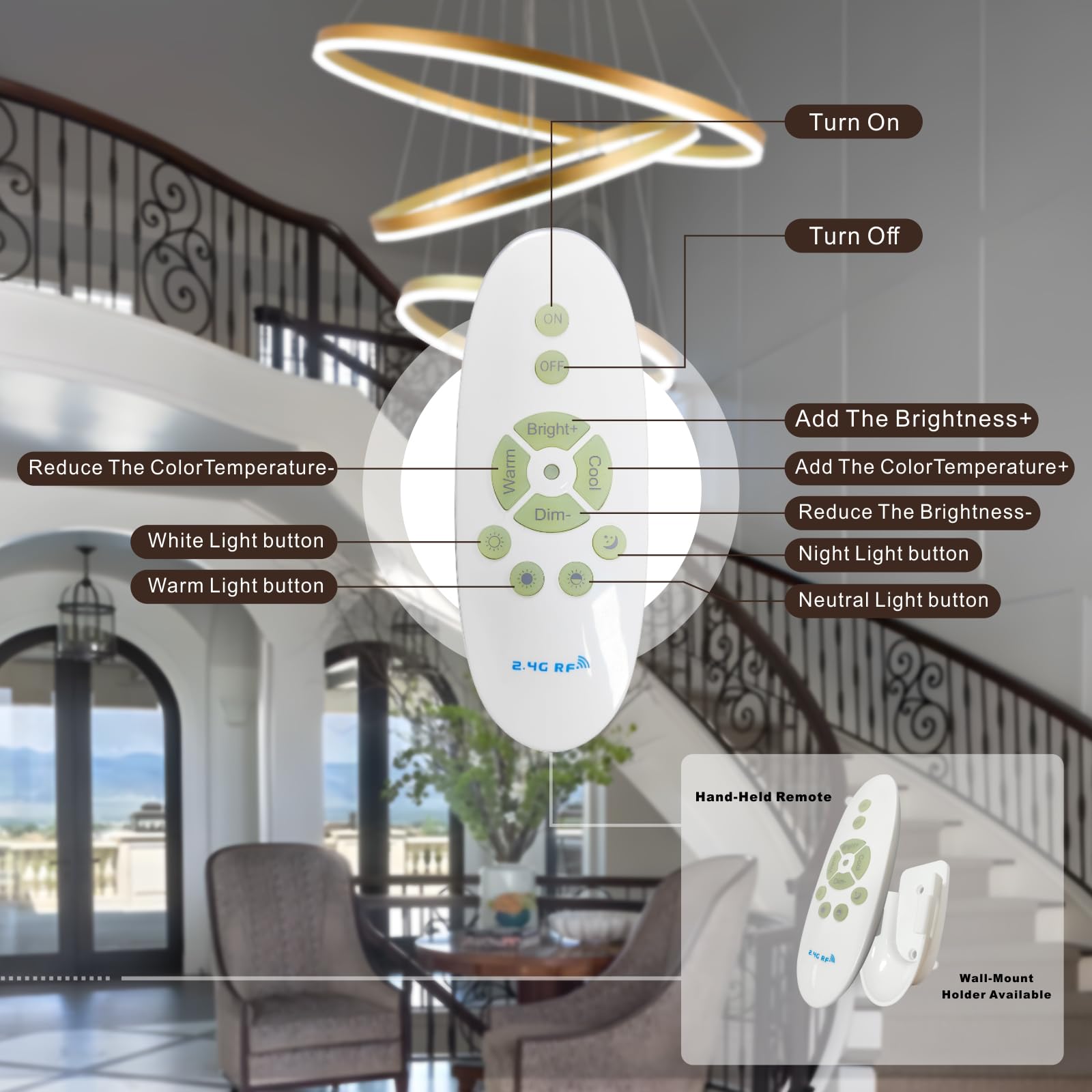 EMBRING 39.37" 7-Ring Gold Dimmable Chandelier Light Fixture, Modern Aluminum Design for High Ceilings, Remote Color Changing