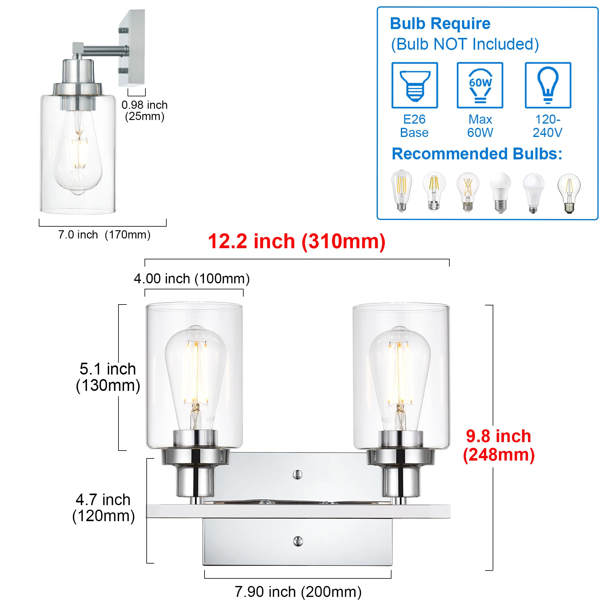 MELUCEE Wall Sconces 2-Light Chrome Modern Bathroom Lighting Fixture with Clear Glass Shade Model 450-2W-CH