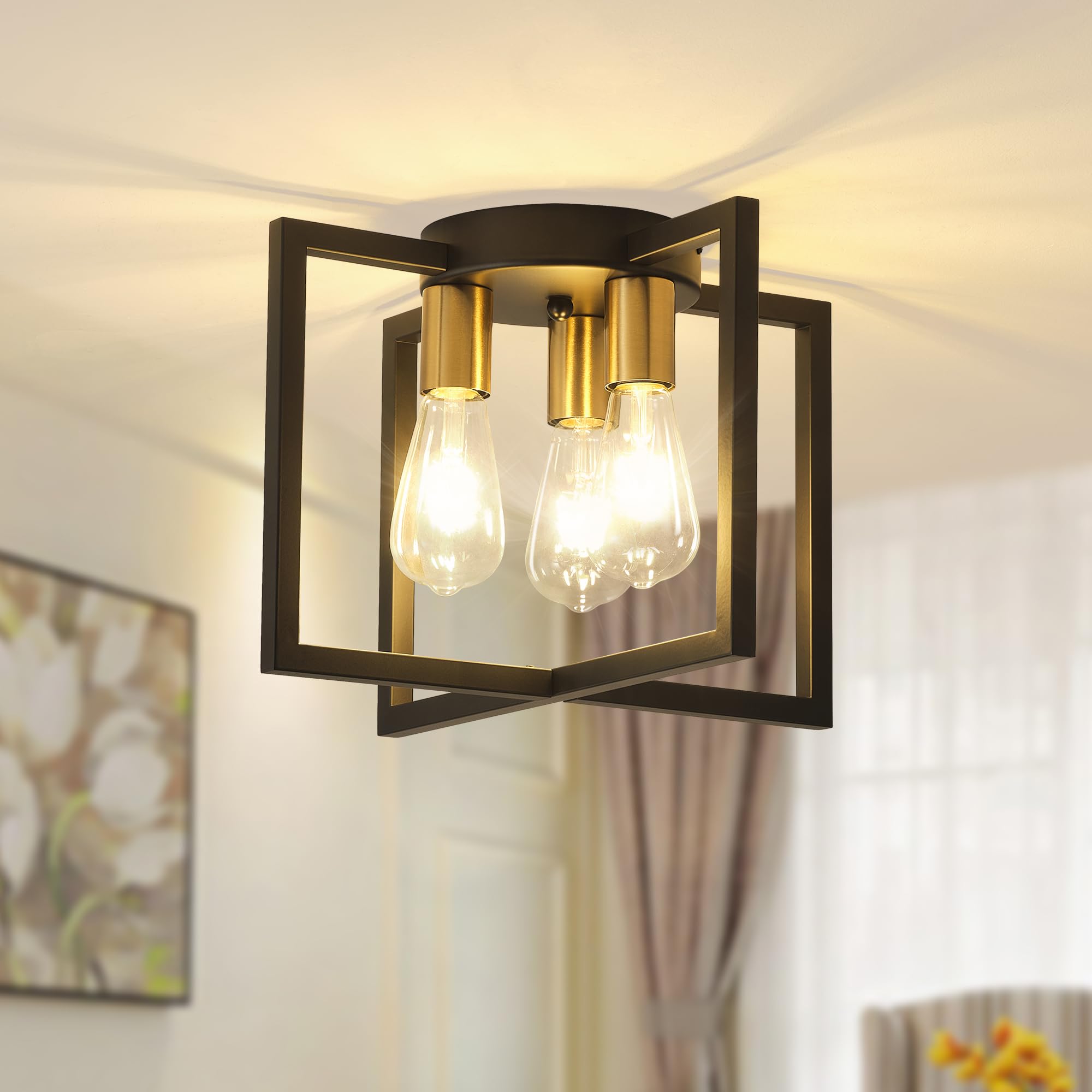 Bosomfr 3-Light Ceiling Light Fixture, Black And Gold Semi-Flush Mount Chandelier With Geometric Metal Shade, Farmhouse Industrial Lighting For Kitchen Living Room Bedroom Hallway Foyer, E26 Base