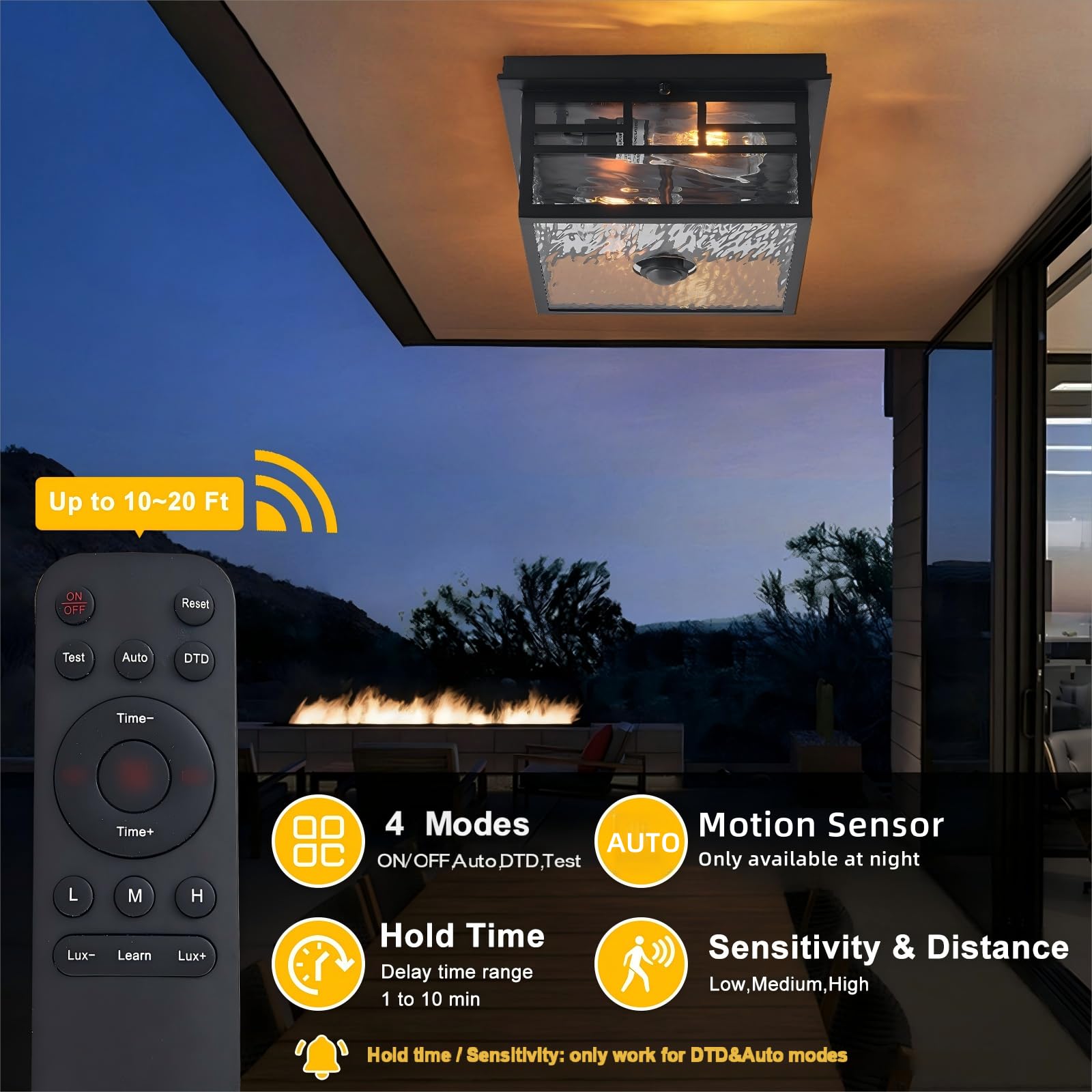 YJXGDIL Outdoor Ceiling Light - Motion Sensor, 4 Lighting Modes, Flush Mount, Black, Metal, H2008, Model CCL01