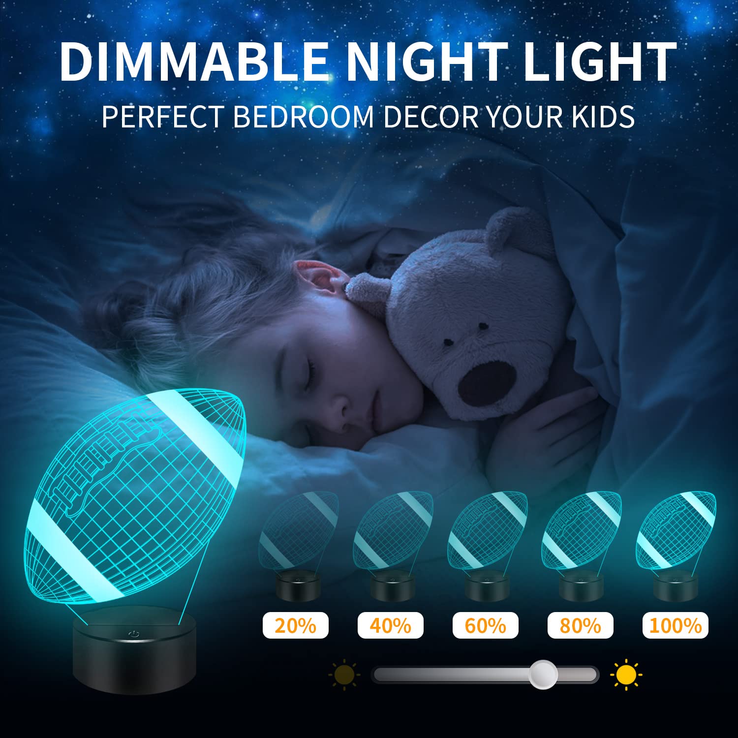 Football Gifts Football 3D Night Light, 16 Colors Changing Touch & Remote Control Table Illusion Lamp, Bedroom Office Gaming Dec