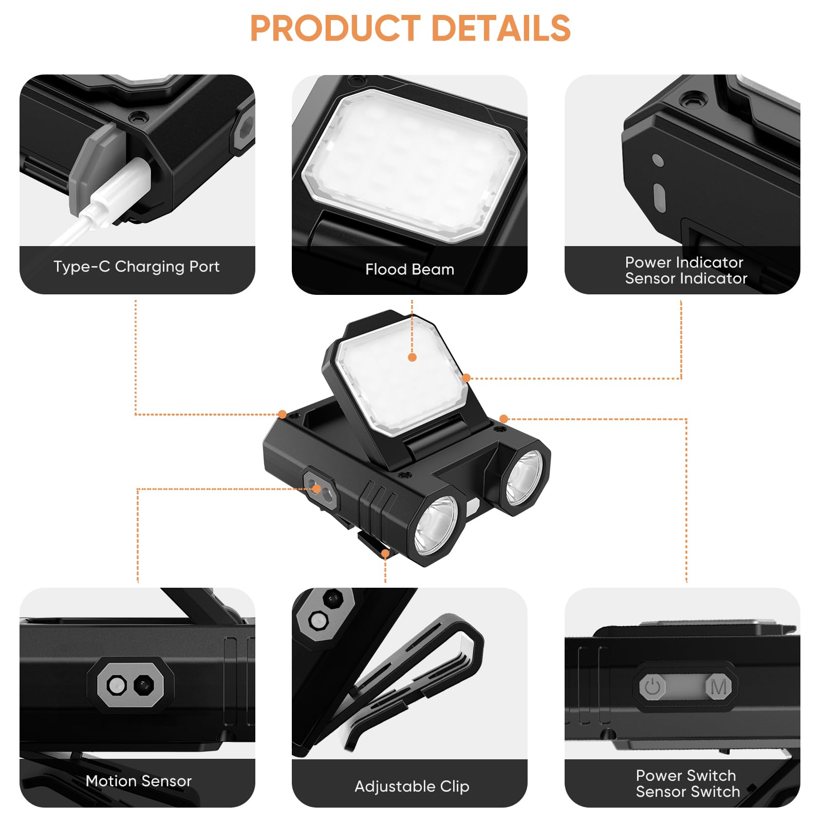 BIKACU LED Hat Clip Light 400 Lumen Rechargeable, Motion Sensor, Adjustable, Black, Model HP_CAP_HW888