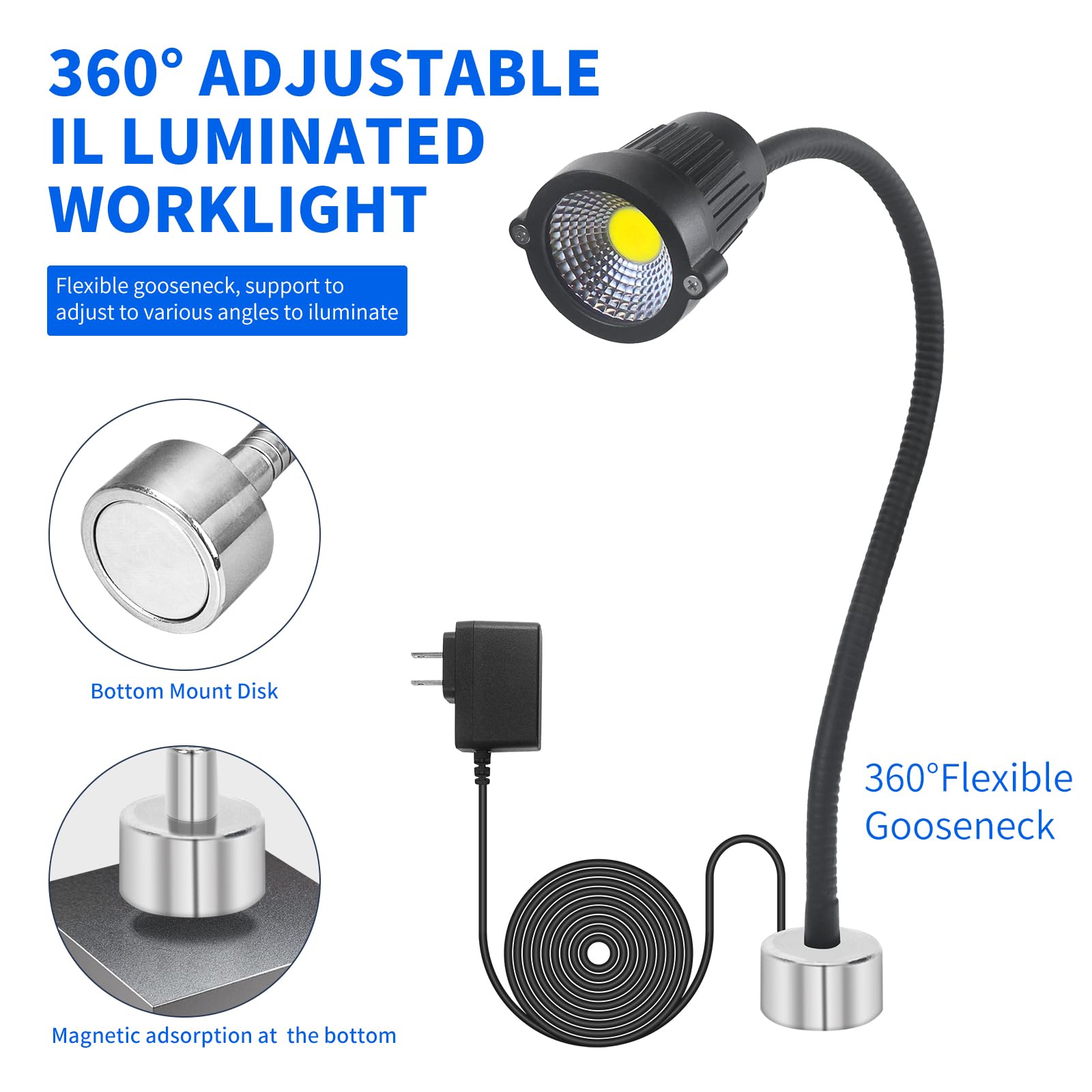 Waterproof Magnetic Light, Led Work Light,Led Machine Light,With Flexible Gooseneck And Magnetic Base, Shop Tool Lamp For Lathe,