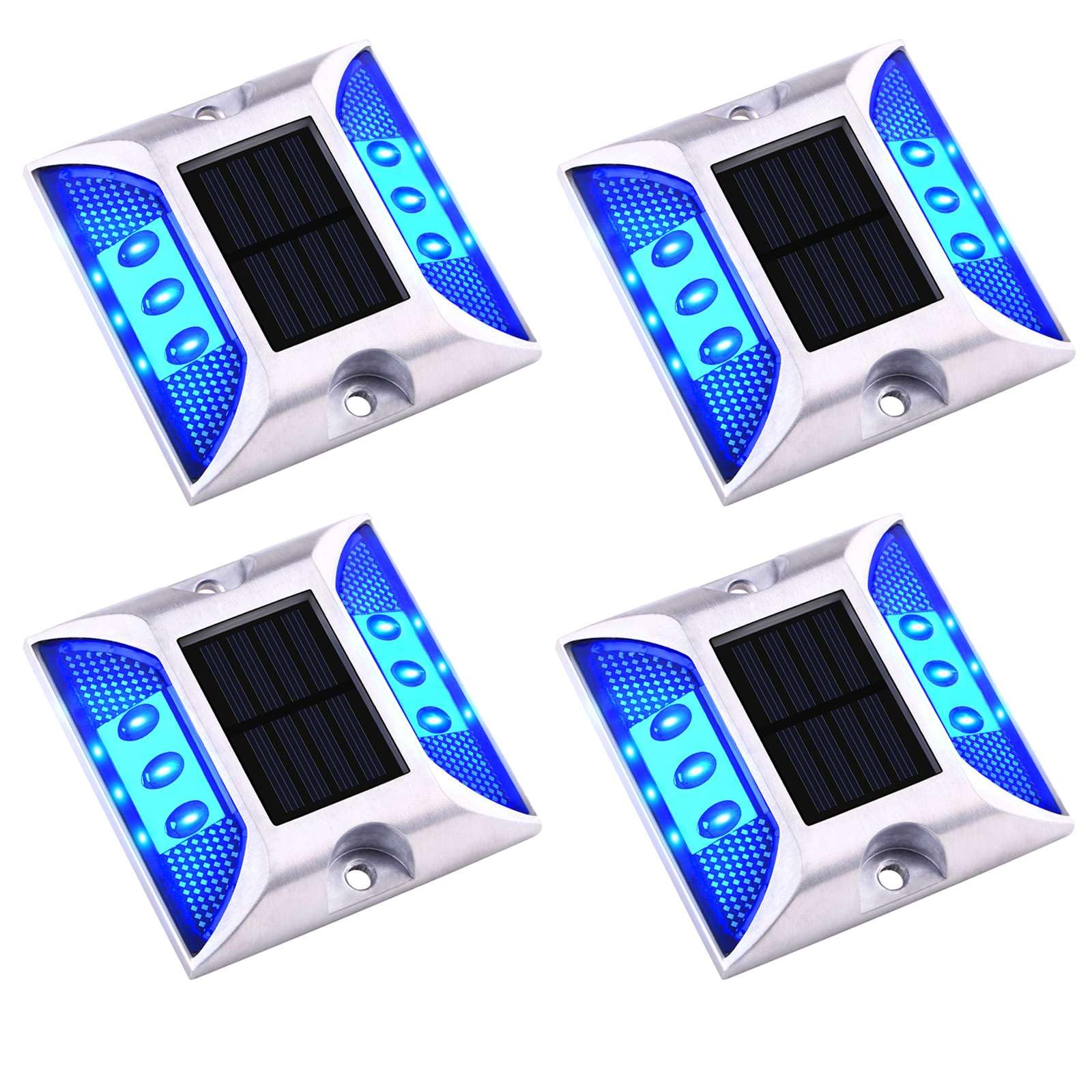 Aolyty Solar Driveway Dock Lights  IP68 Waterproof Solar Deck Light Outdoor Warning Step Lights Reflective Road Marker for Sidewalk Stair Garden Pathway Walkway (4 Pack  Blue)