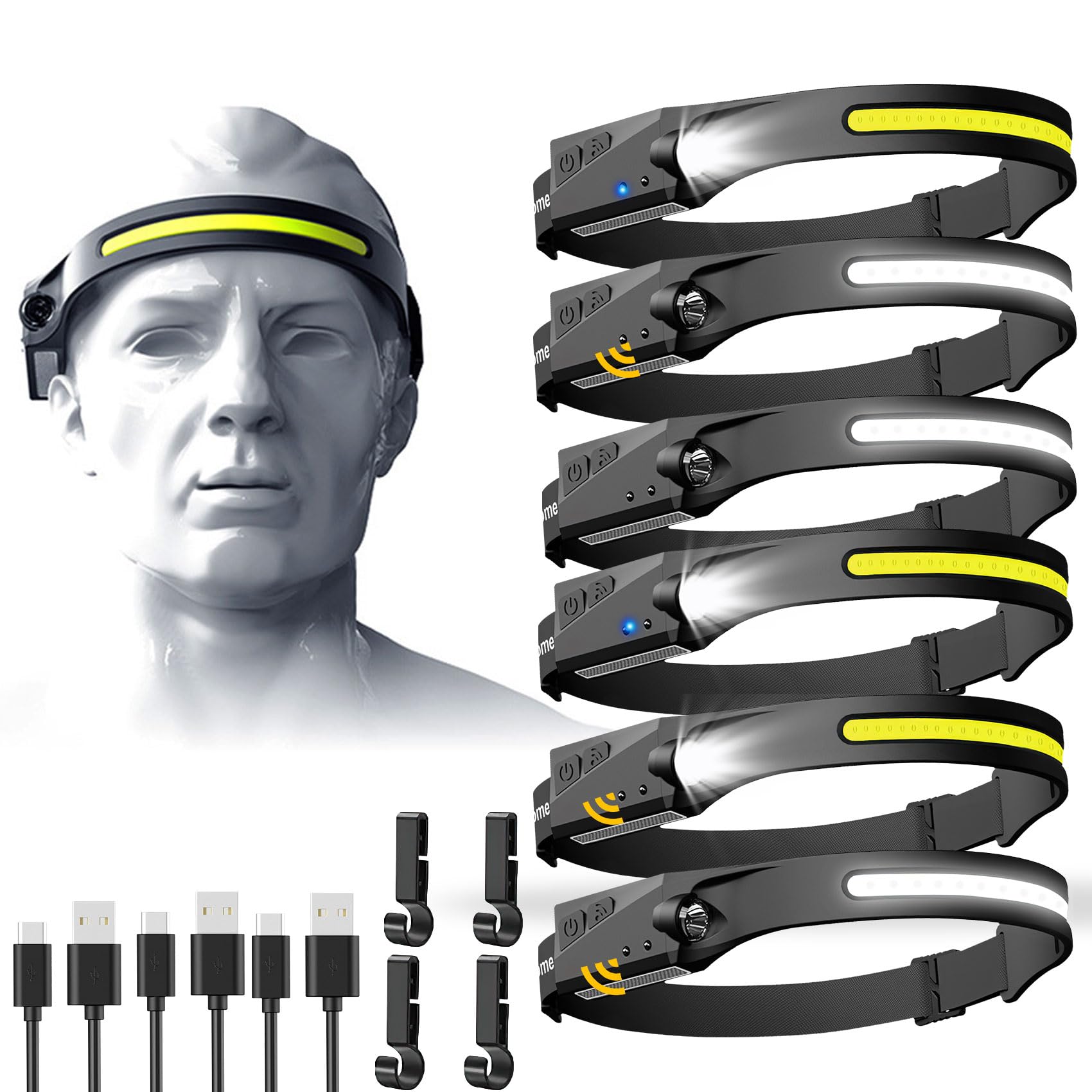 Rechargeable Headlamp 6 Pcs, 230Beam Headlamp For Adults, 6 Mode Camping & Spotlight, Motion Sensor, Lightweight Headlights Flas
