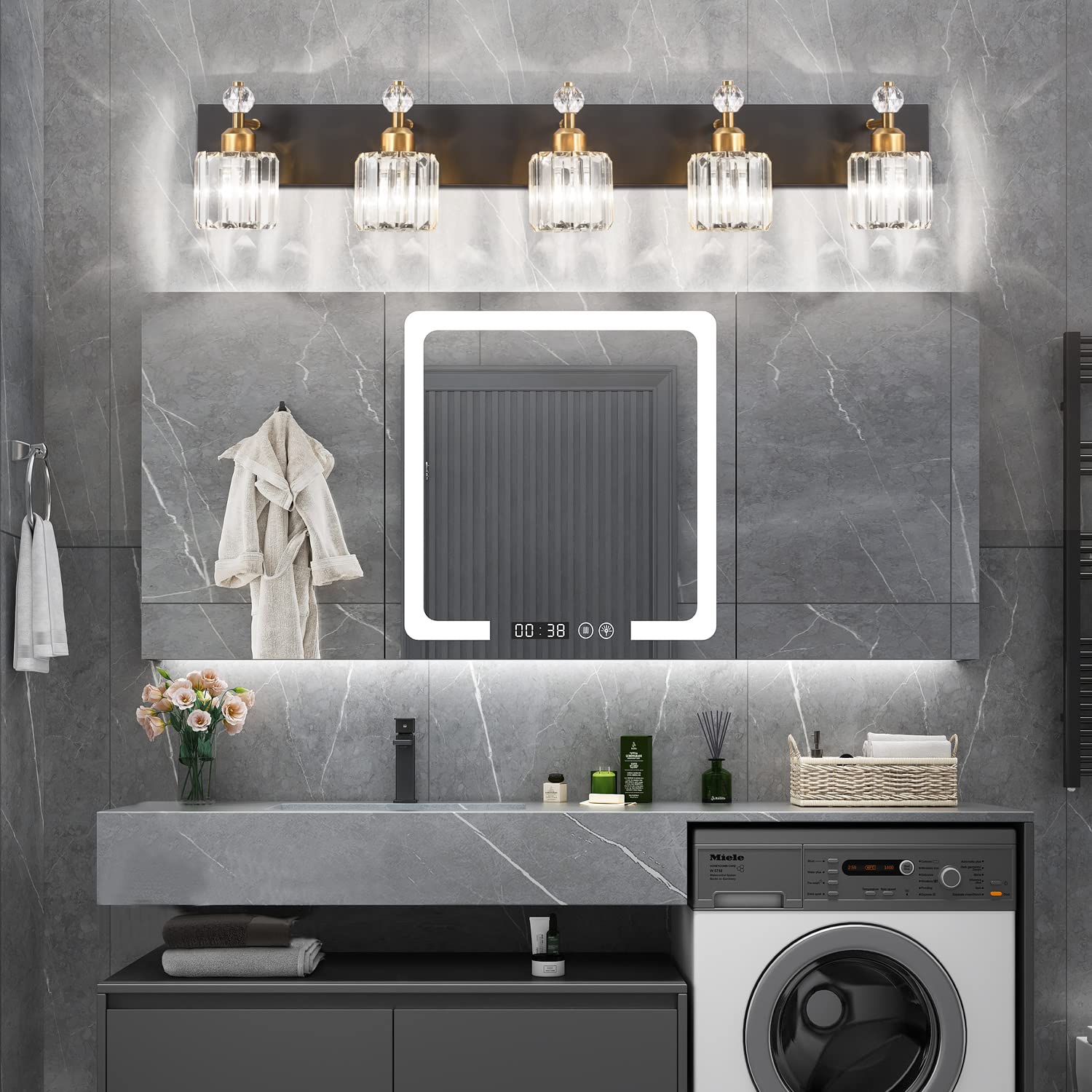 PRESDE Modern Black Crystal 5-Light Bathroom Vanity Light Fixture, Matte Black and Gold, Wall Sconce Over Mirror