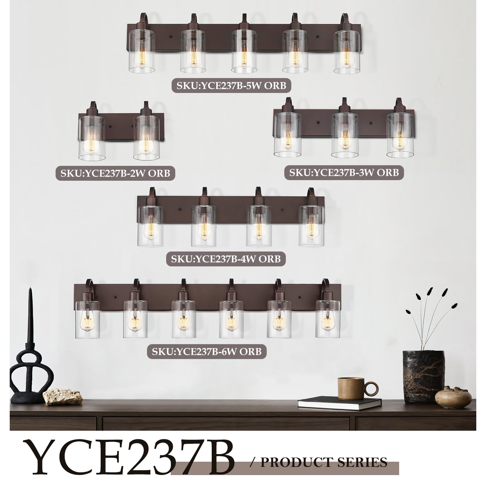 Emliviar 3-Light Bathroom Vanity Light Fixtures, Oil Rubbed Bronze, Clear Glass, Model YCE237B-3W ORB