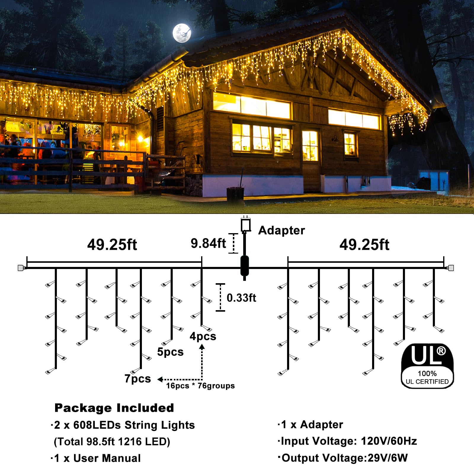 Icicle Christmas Lights, 98Ft 1216 Led Icicle Lights For Outside With 228 Drops, 8 Modes Waterproof Twinkle String Lights For House Bedroom Wedding Holiday Decorations, Warm White