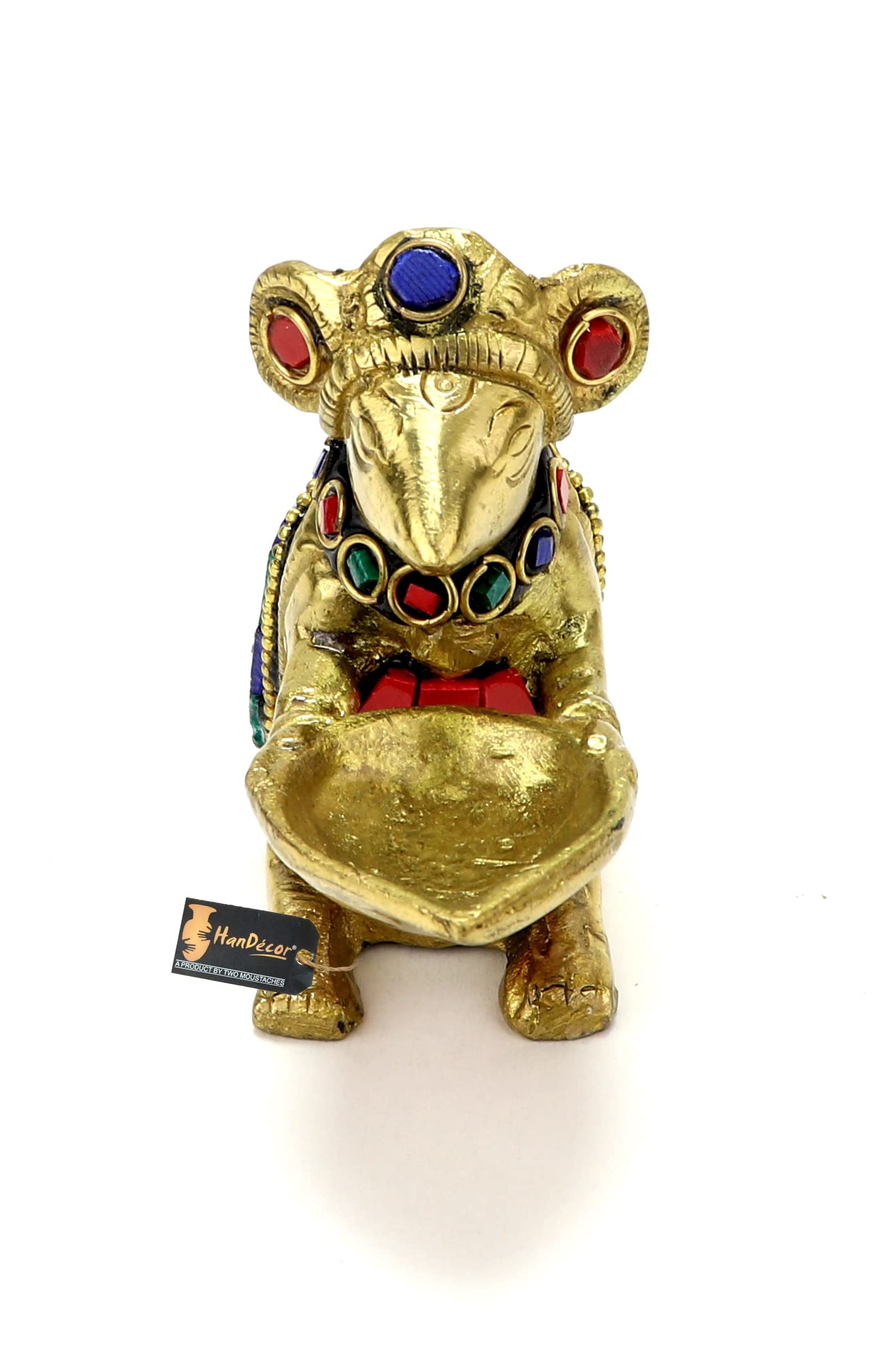 Two Moustaches Brass Ganesha Diya Mouse Holding Oil Lamp, Gold, Model TMP/2244S, Standard, Pack of 1
