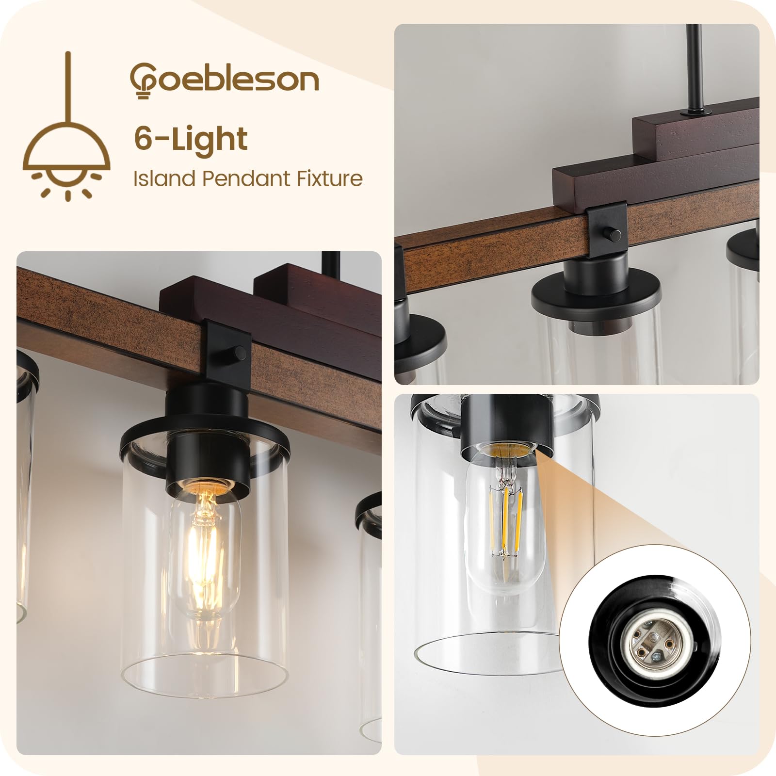 Goebleson 6-Light Kitchen Island Lighting, Dining Table Light Fixture Over, Farmhouse Ceiling Pendant Light Fixtures With Round